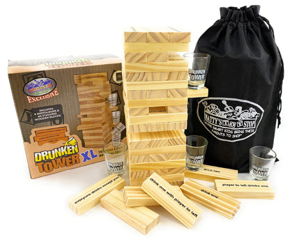 M?tty's Toy Stop Deluxe 60pc XL Wood Drunken Tower The Grab A Piece Drinking Game with Shot Glasses & Storage Bag