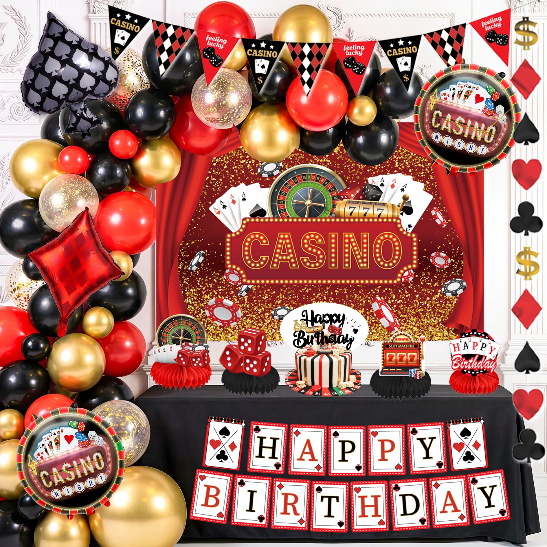Casino Theme Party Decorations, happy Birthday banner, Las Vegas Party Decorations, casino Backdrop, Casino birthday Honeycomb Centerpieces, casino