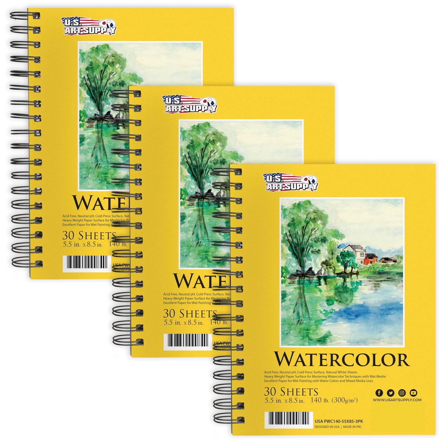 U.S. Art Supply 5.5" x 8.5" Premium Heavyweight Watercolor Paper Pad, Pack of 3 (30 Sheets Each), 140lb (300gsm) - Spiral Bound, Cold Pressed