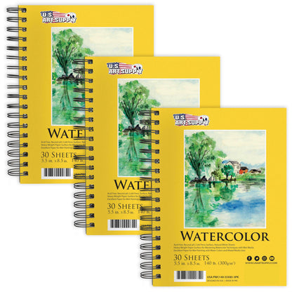 U.S. Art Supply 5.5" x 8.5" Premium Heavyweight Watercolor Paper Pad, Pack of 3 (30 Sheets Each), 140lb (300gsm) - Spiral Bound, Cold Pressed