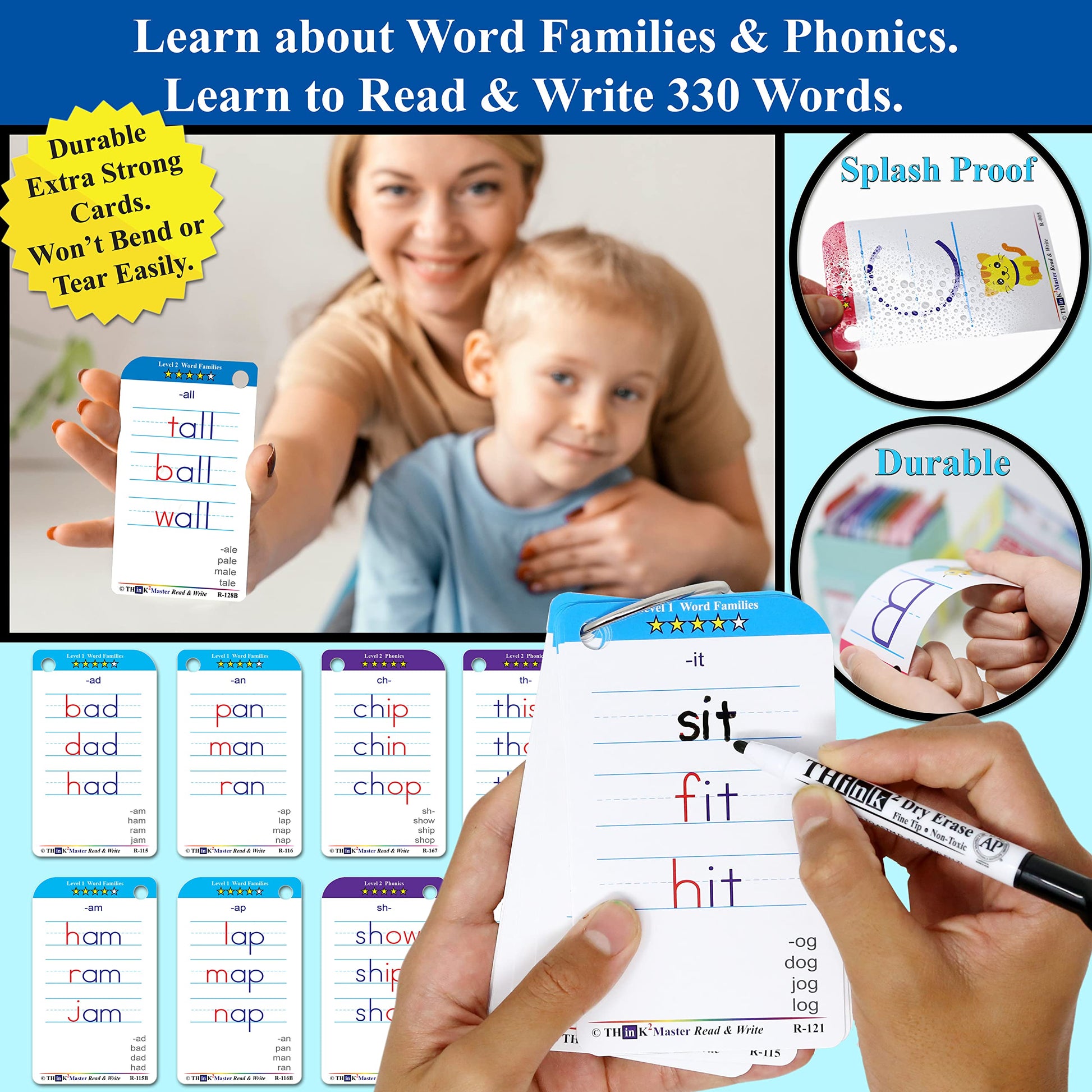 THINK2MASTER Premium 186 Laminated Alphabet, Sight Words & Phonics Flash Cards for Pre K & Kindergarten. (Bonus: 2 Dry Erase Markers, 5 Rings). Learn