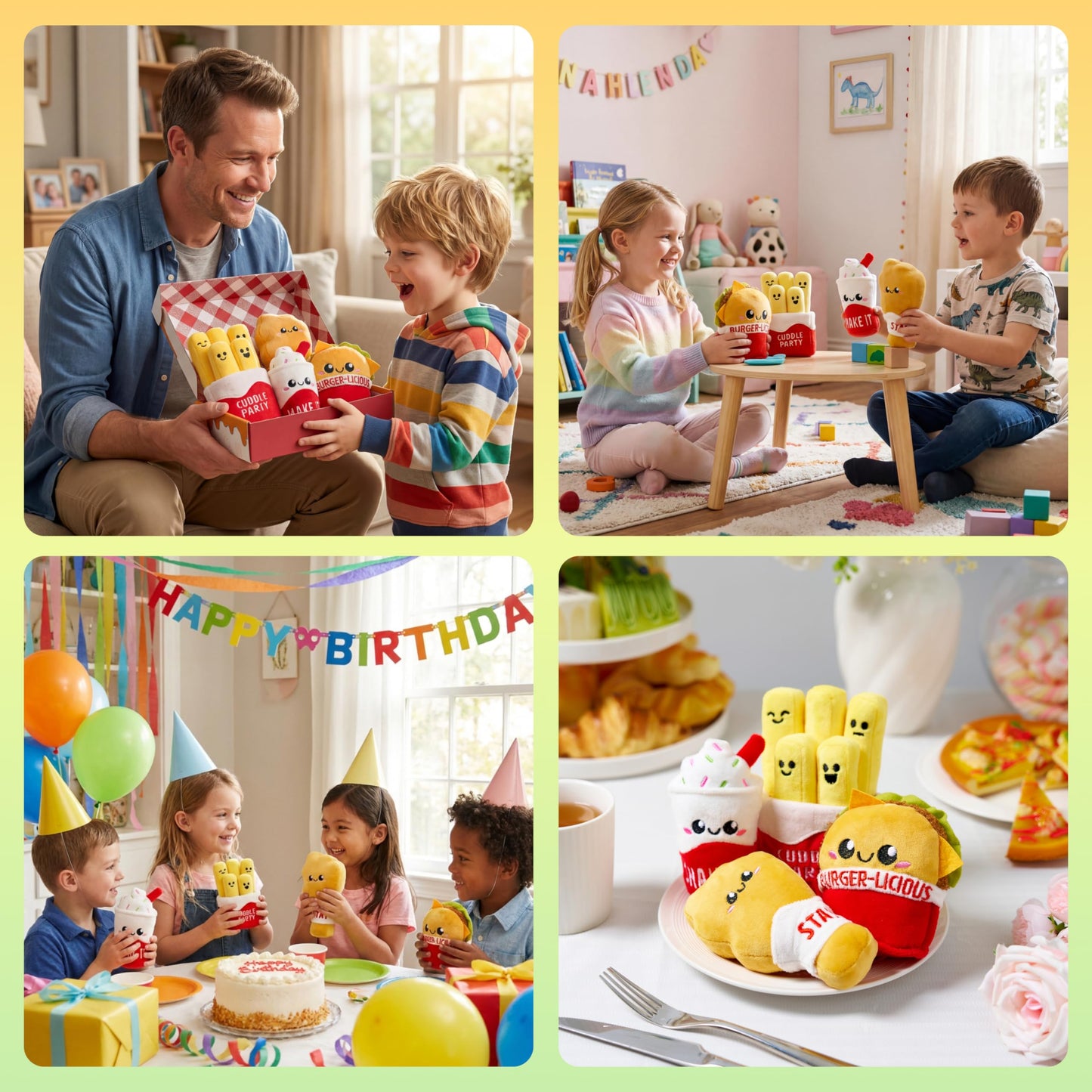 JOYIN 4 Pcs Emotional Support Plushies, Fast Food Plush Stuffed Toys Set, Anxiety Relief Toys, Burger Fries Chicken Nuggets & Milkshake Plushies,