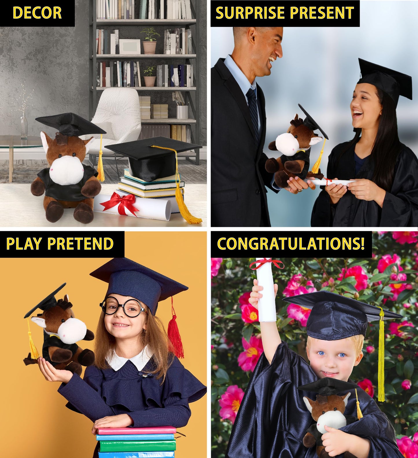 DolliBu Horse Graduation Plush Toy - Soft Huggable Graduation Stuffed Animal Dress Up with Gown and Cap with Tassel Outfit - Graduation Gift