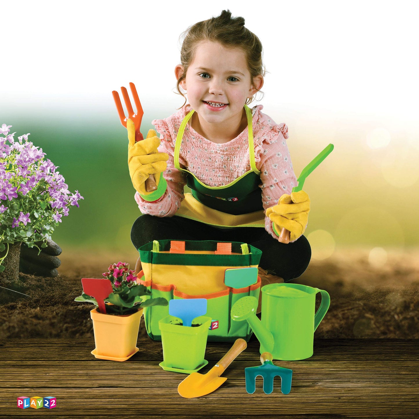 Play22 Kids Gardening Tool Set 12 PCS - Kids Gardening Tools Shovel Rake Fork Trowel Apron Gloves Watering Can and Tote Bag, Toddler Gardening Tools