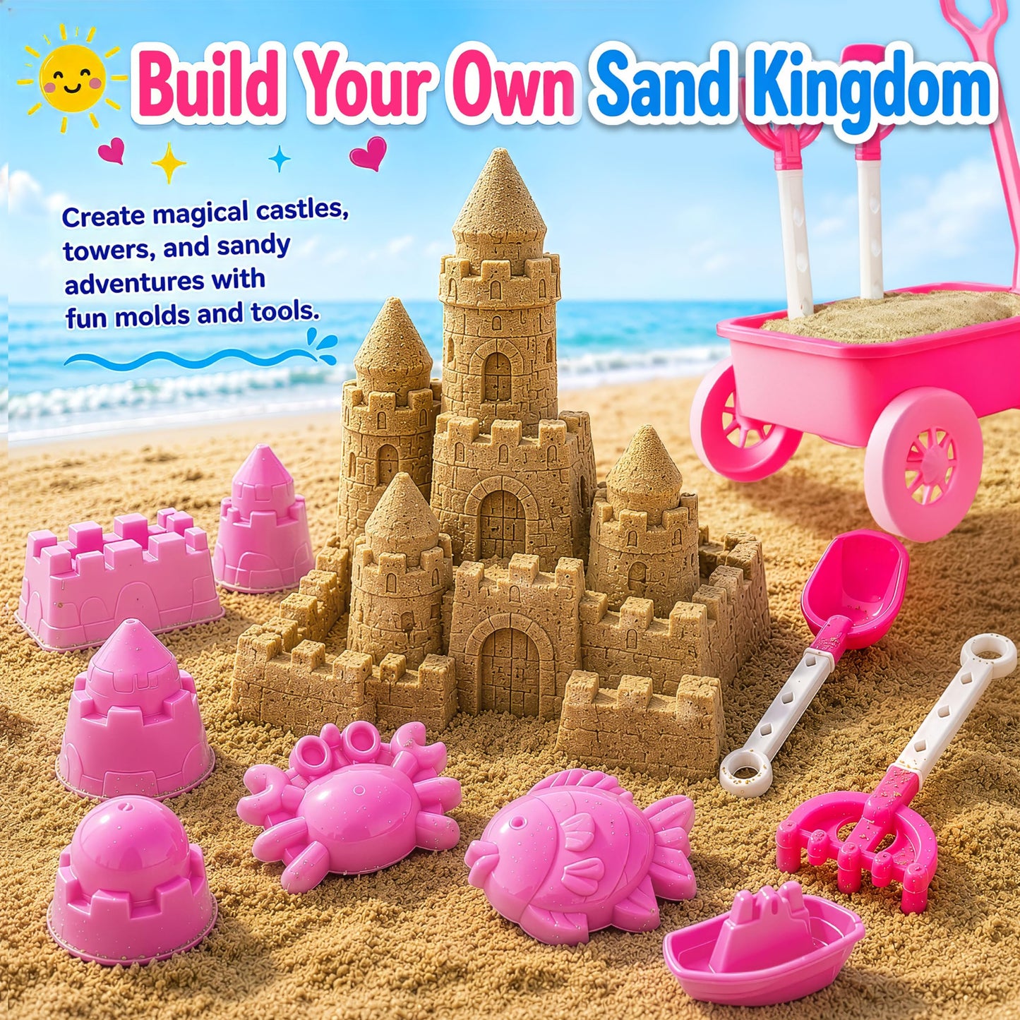 Liberty Imports 14 PCS Pink Princess Beach Wagon Plastic Toy Playset for Kids with Castle Molds, Sand Wheel, Water Pail, Play Tools and Featured Molds