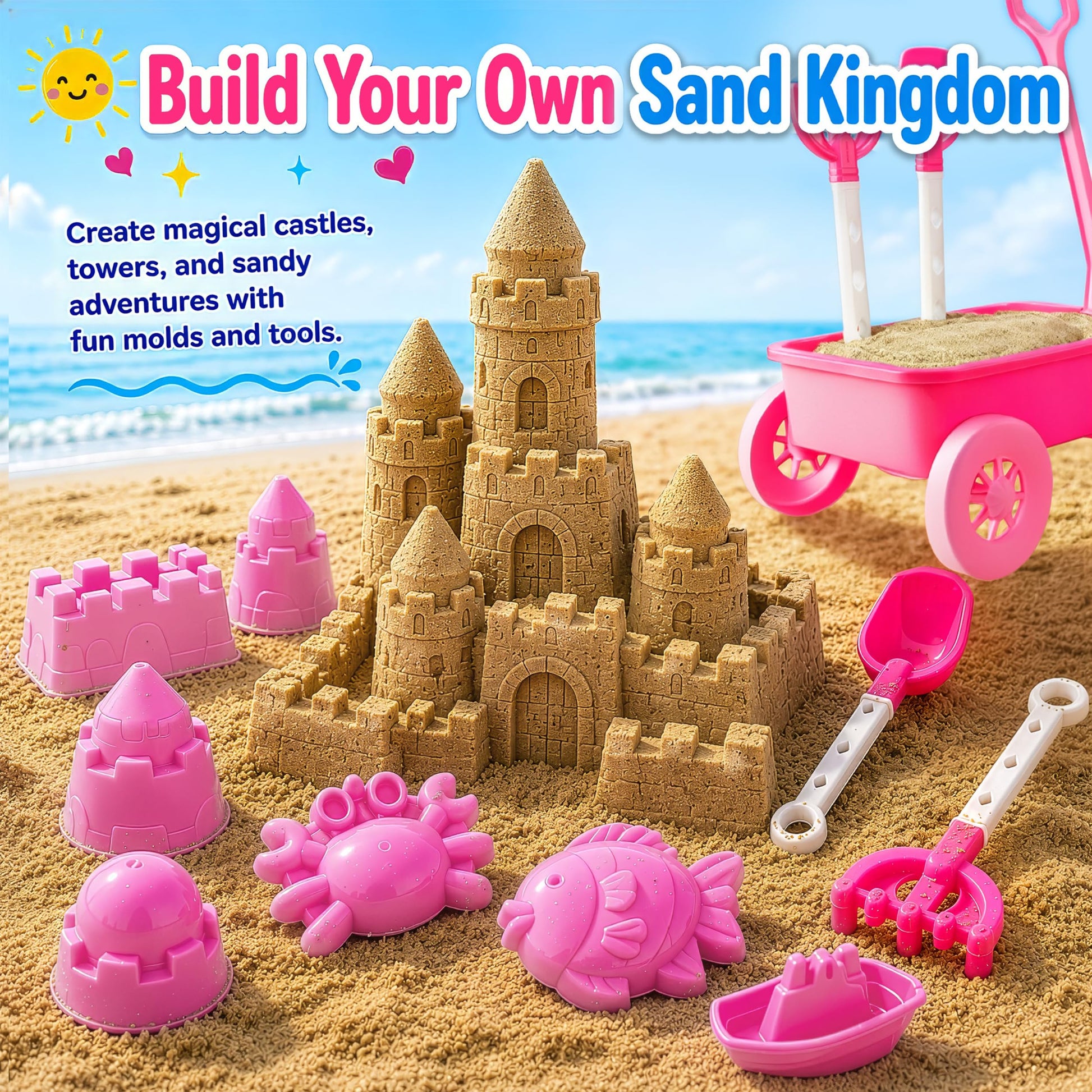 Liberty Imports 14 PCS Pink Princess Beach Wagon Plastic Toy Playset for Kids with Castle Molds, Sand Wheel, Water Pail, Play Tools and Featured Molds
