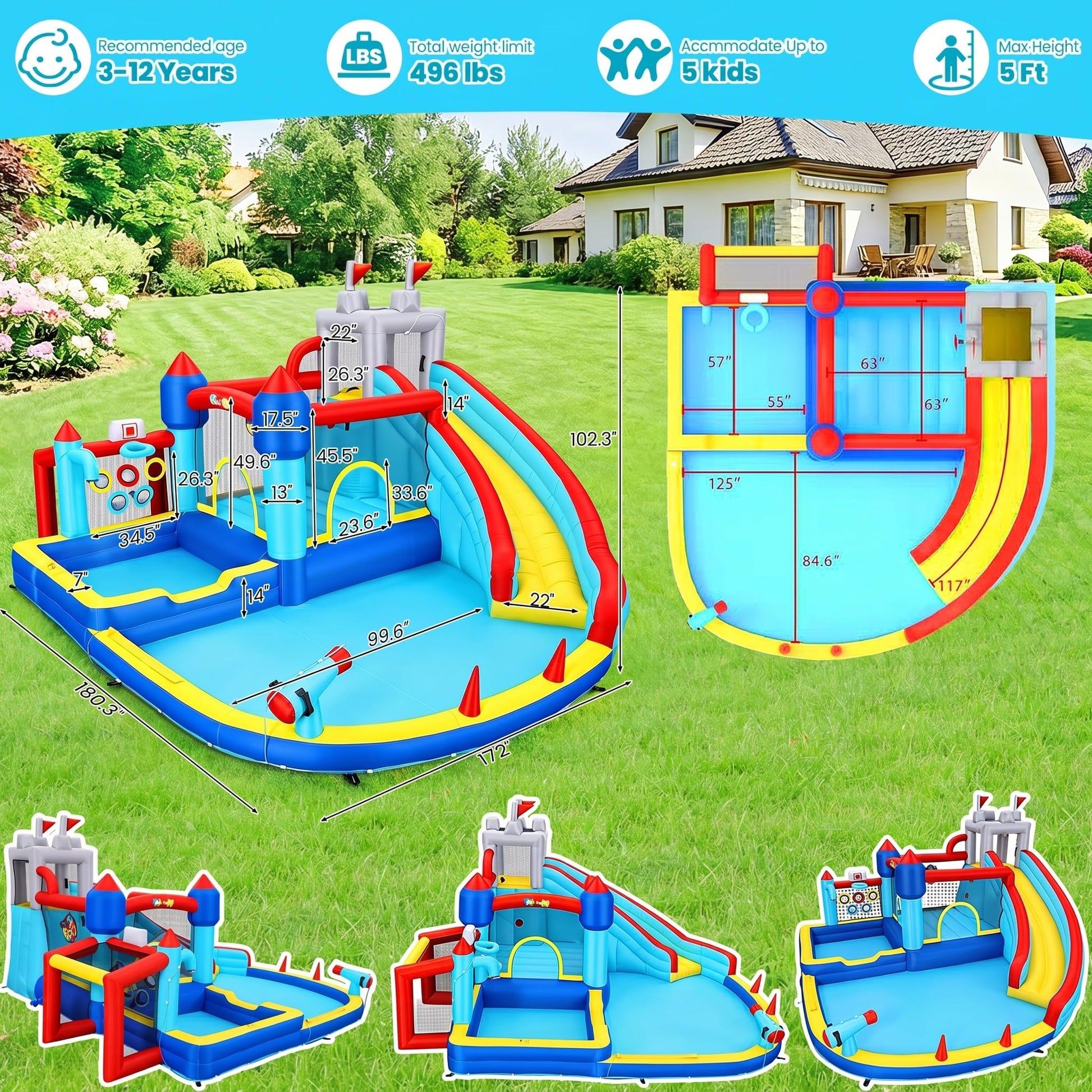 13-in-1 Water Slide Bounce House for Kids Backyard, 15x14.3x8.5FT Sport Waterpark with Deep Pool/Shower Head/Ball Holes/Soccer Goal/Basketball