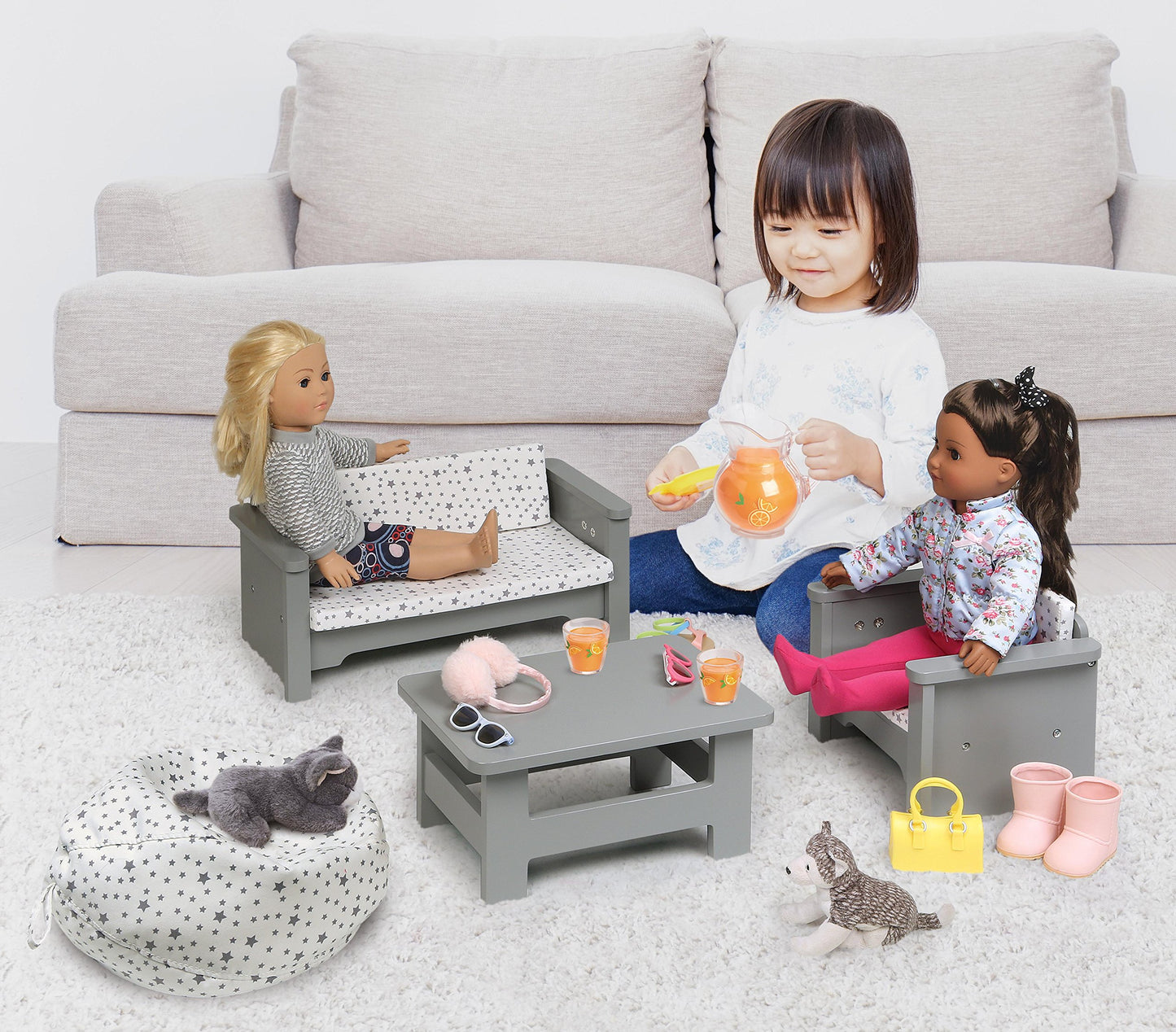 Badger Basket Living Room Furniture Set for 18 Inch Dolls - Includes Couch, Chair, Table & Beanbag