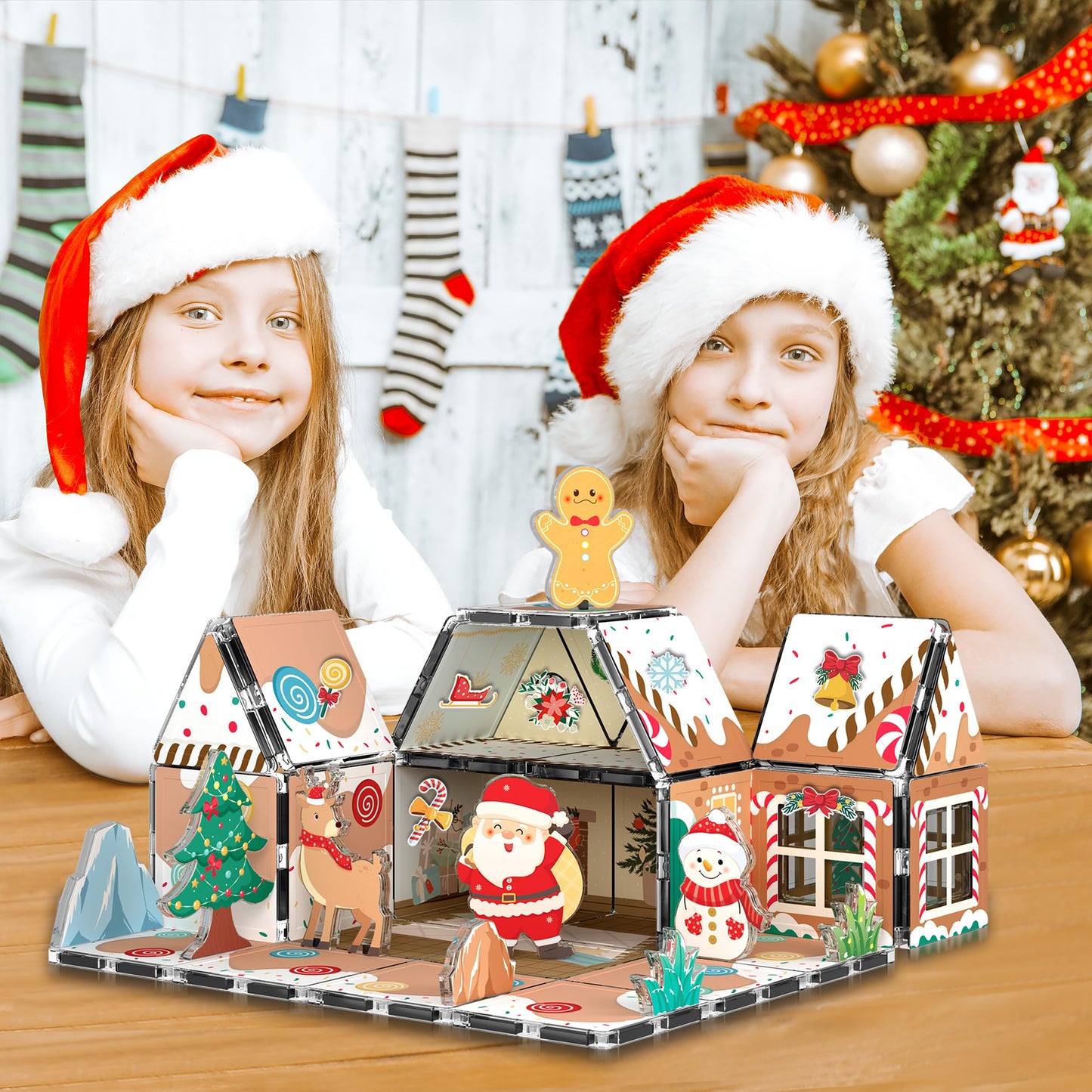 PicassoTiles Magnetic Tiles Gingerbread House Holiday Character Action Figures Santa, Snowman, Deer Winter Theme Construction Kit Magnet Building
