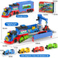 2-in-1 Toy Train Set for Toddler, Catapult Train Base with Movable Tower Crane, 8 Little Magnetic Trains, Light & Sound Effect, Ejection Car Truck