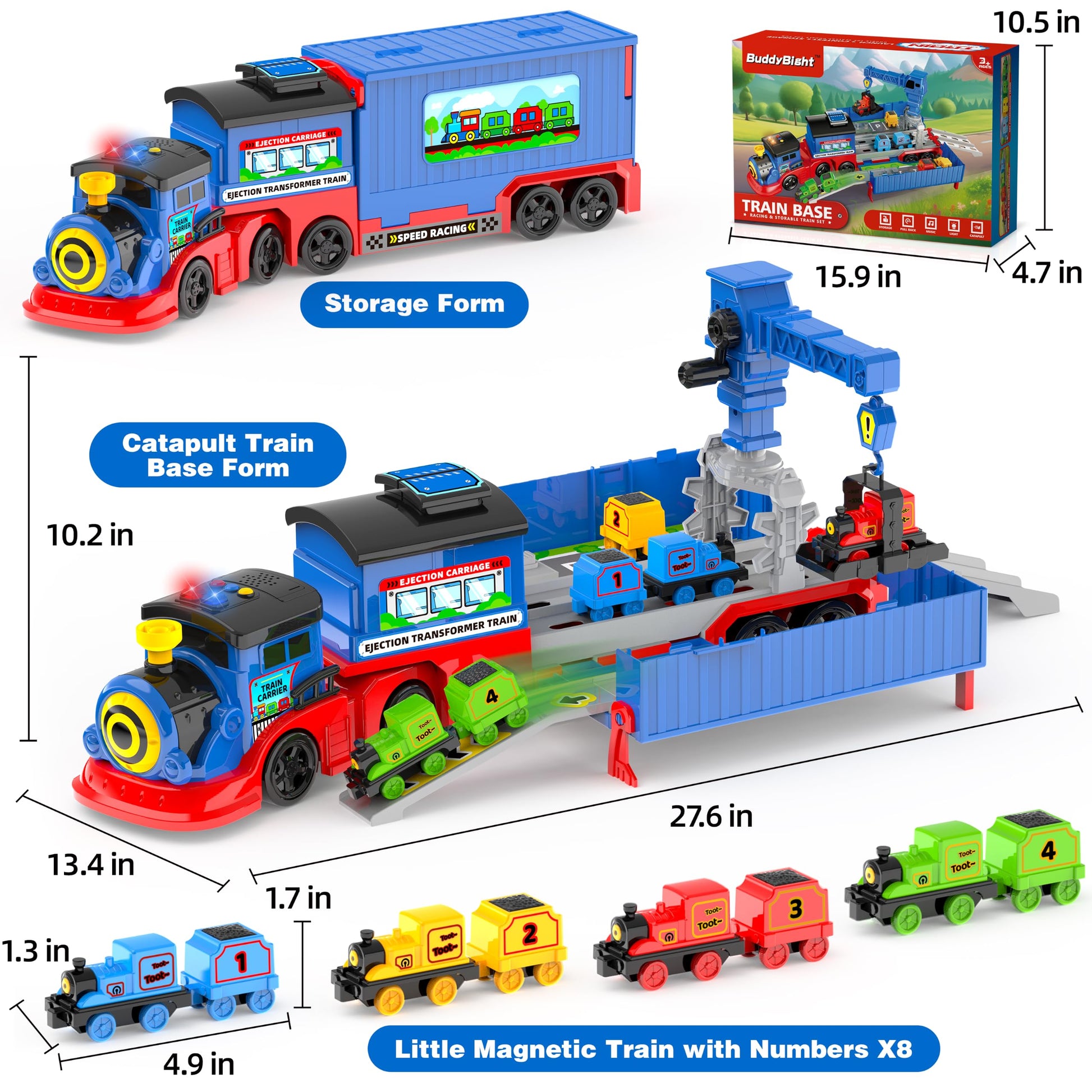 2-in-1 Toy Train Set for Toddler, Catapult Train Base with Movable Tower Crane, 8 Little Magnetic Trains, Light & Sound Effect, Ejection Car Truck