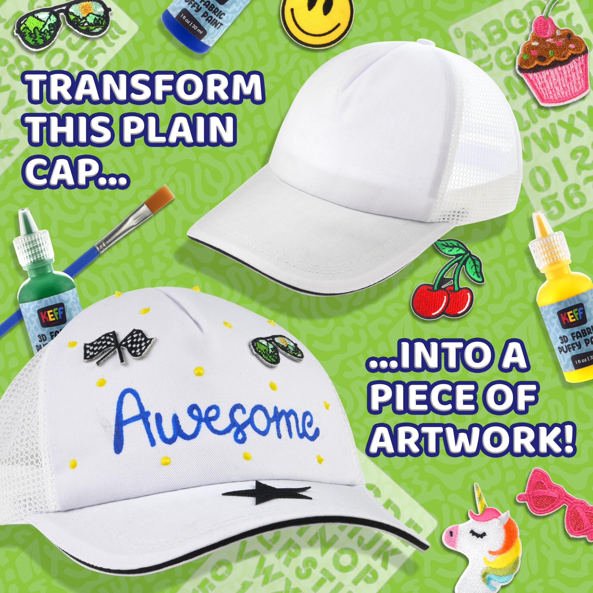 KEFF Decorate Your Own Blank Trucker Hat for Kids - Includes 1 Mesh-Back Cap, 12 Embroidered Patches (Stick on Patches), 5 Puff Paints, Paint Brush