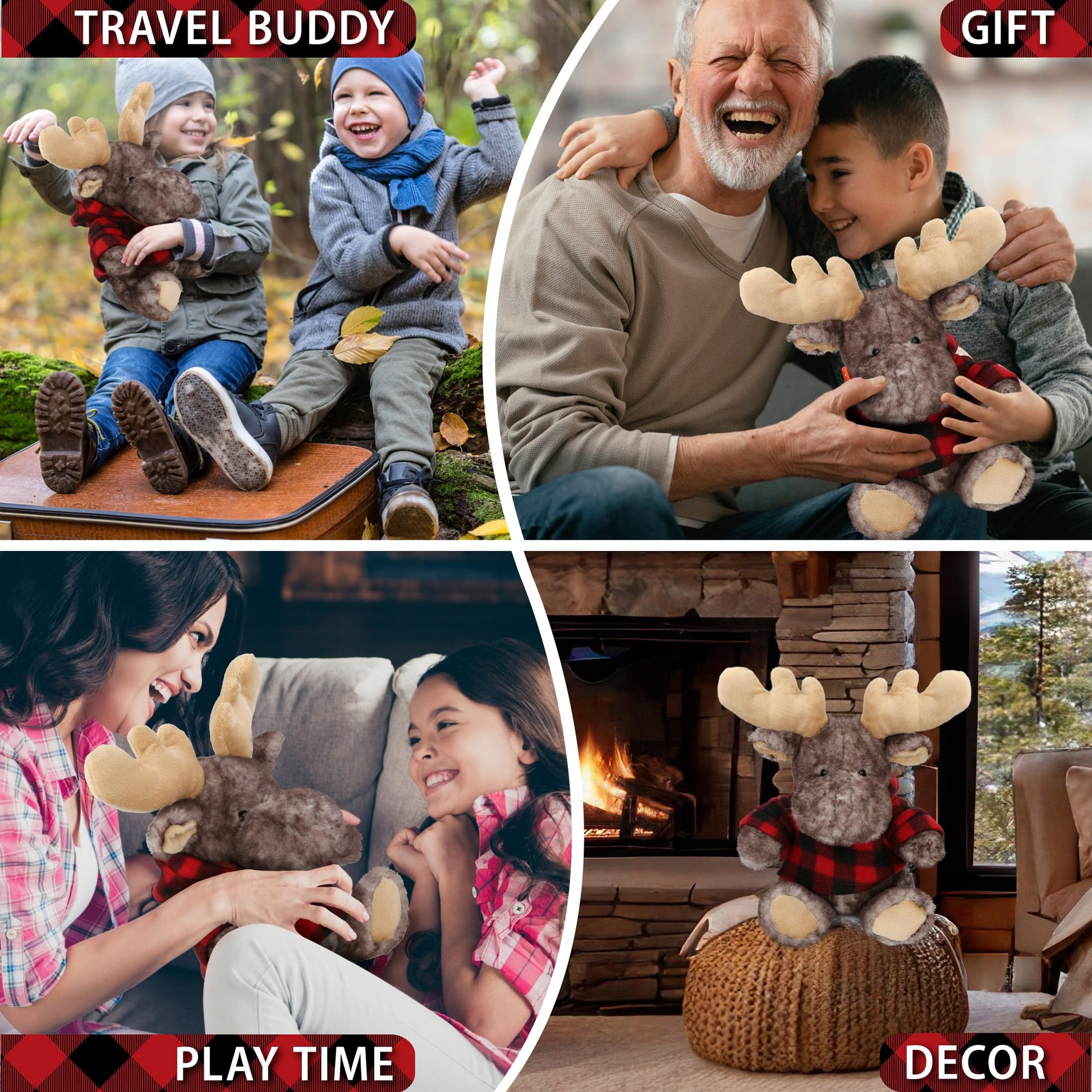 DolliBu Soft Brownish Sitting Moose Stuffed Animal with Plaid Red Hoodie Sweater and Personalization - Moose Plush Lumberjack Stuffed Toy with Plaid