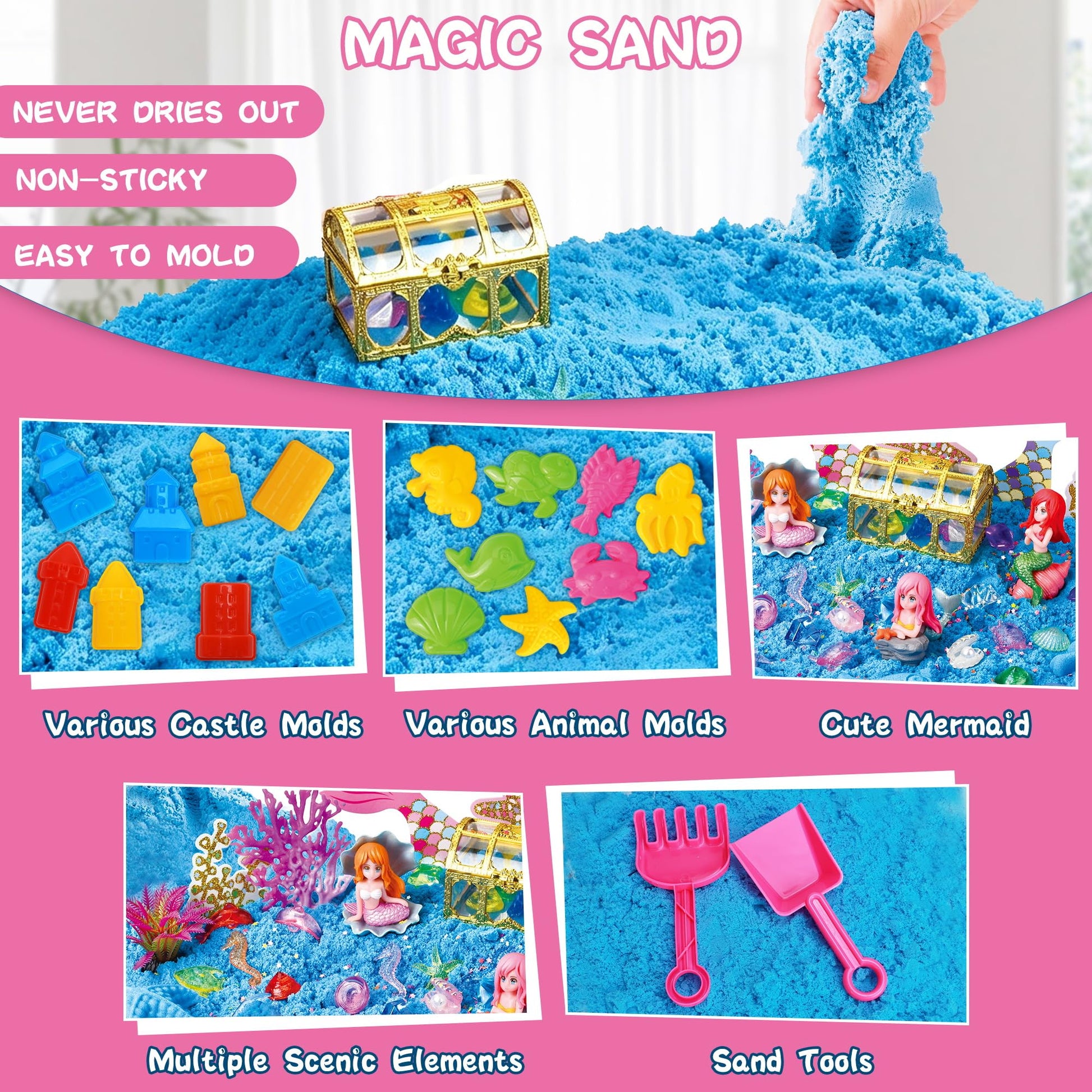 Pakimio Mermaid Sensory Sand Kit for Kids, Complete Sensory Bin with Lid