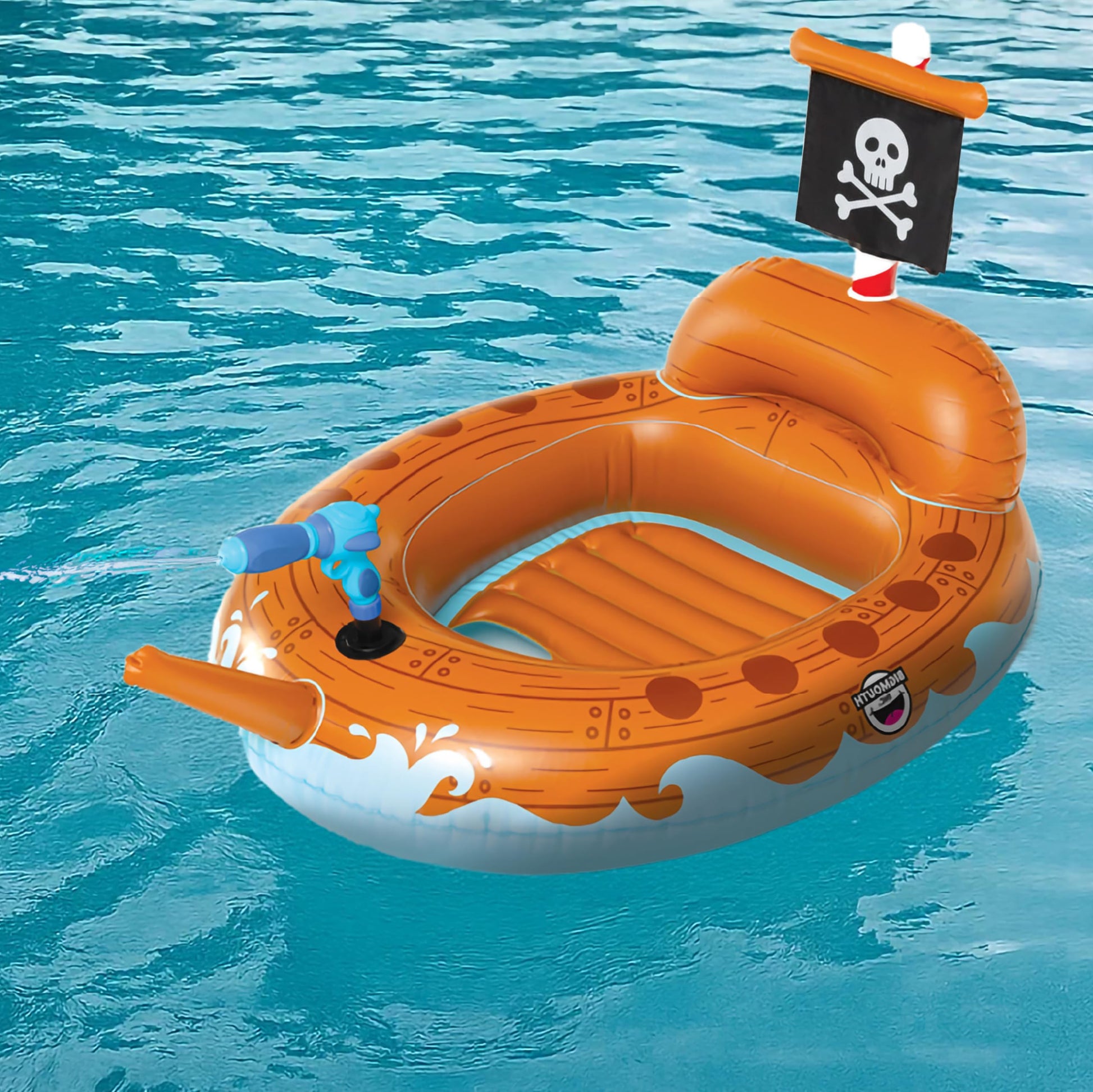 Pirate Ship Water Blaster Float, Inflatable Ride-On with Spray Gun for Kids, Outdoor Swim Toy