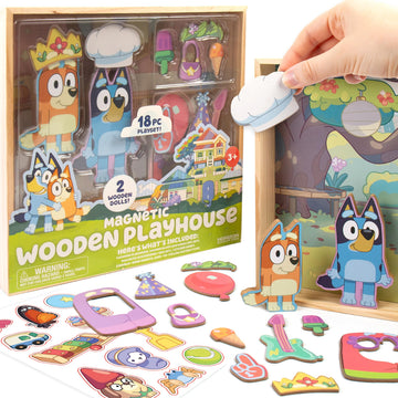 Horizon Group USA Bluey Magnetic Wooden Playhouse, 18 Piece Activity Set, Includes 2 Wooden Dolls House, Great Toys for Kids, Fun Birthday Party