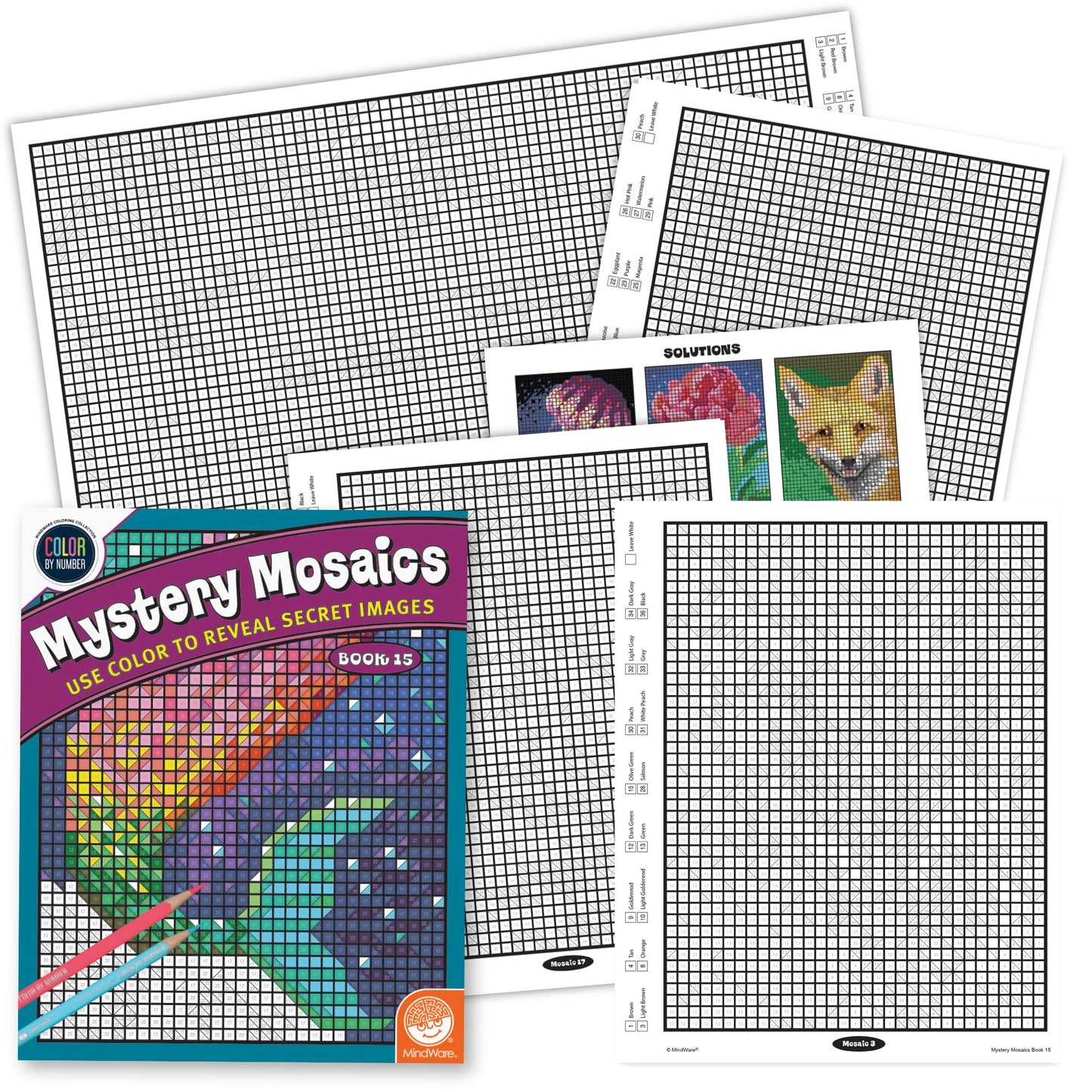 MindWare Color by Number Mystery Mosaics Book 15 - Number-Guided Hidden-Image Coloring Activity Book, Ages 6+