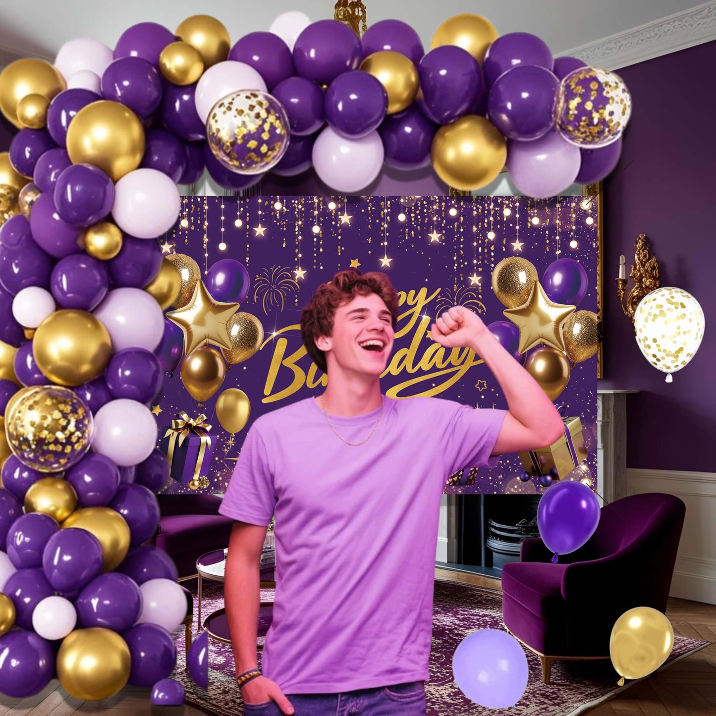 Purple and Gold Birthday Decorations for Women,Party Supplies with Happy Birthday Backdrop,Balloon Garland Arch Kit For Girls