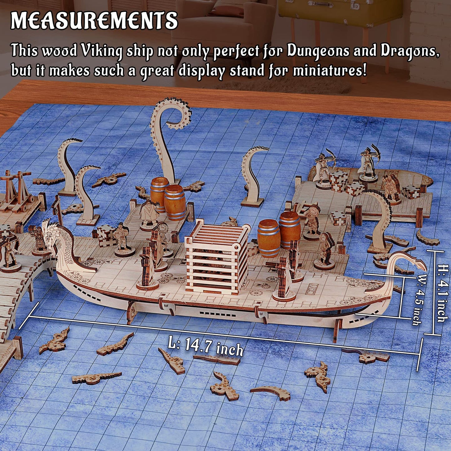 CZYY Miniatures Viking Longship Wood Laser Cut 1 Inch Square Grid Ship Battle Map for D&D, Dungeons and Dragons, Pathfinder or Other Tabletop RPG