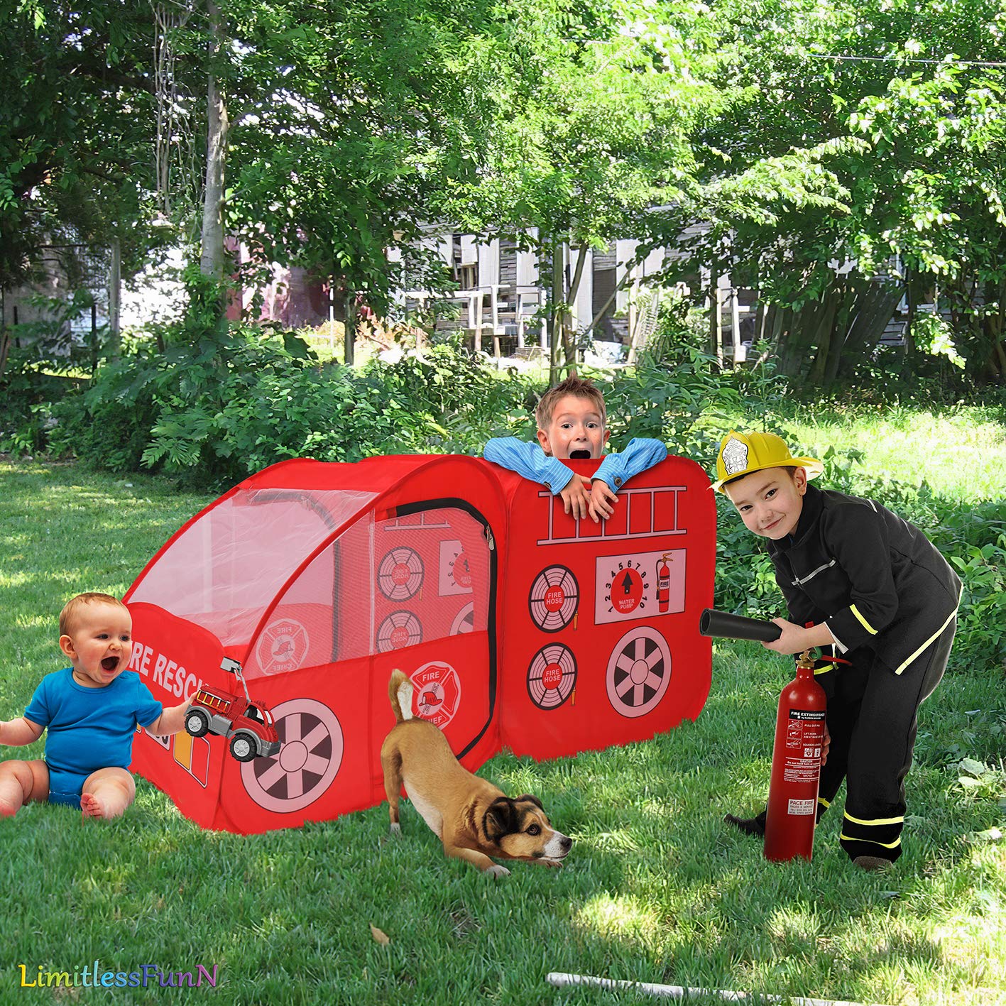 Fire Truck Pop Up Kids Tent & Lights, Children's Firetruck Play House
