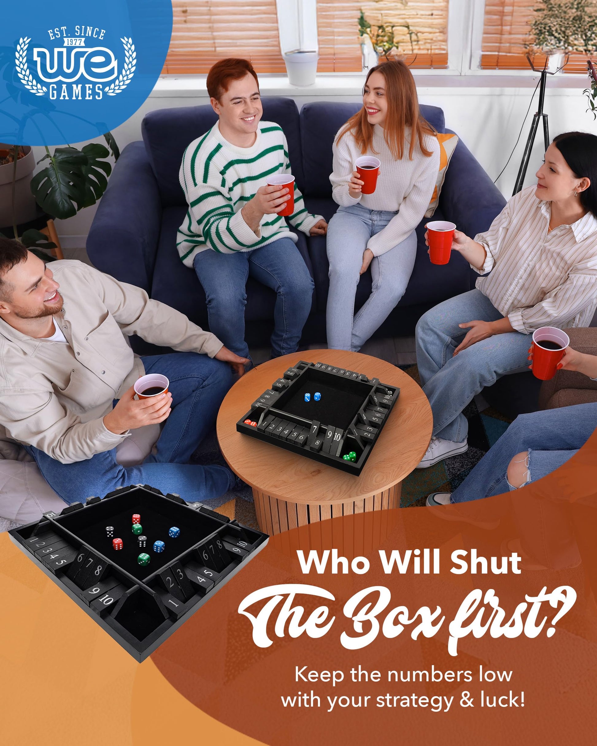 WE Games Wooden Shut the Box Game 4 Player - 10 Number Tiles & 8 Dice - Large 14-Inch, Black Stained Wood Finish