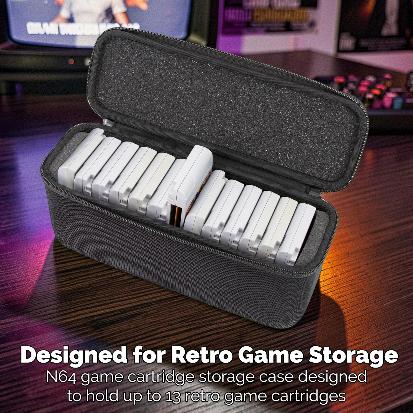 CASEMATIX N64 Game Cartridge Storage Case Compatible with 12 Nintendo 64 Game Cartridges, Retro Video Game Organizer with Padded Game Holder, Carry