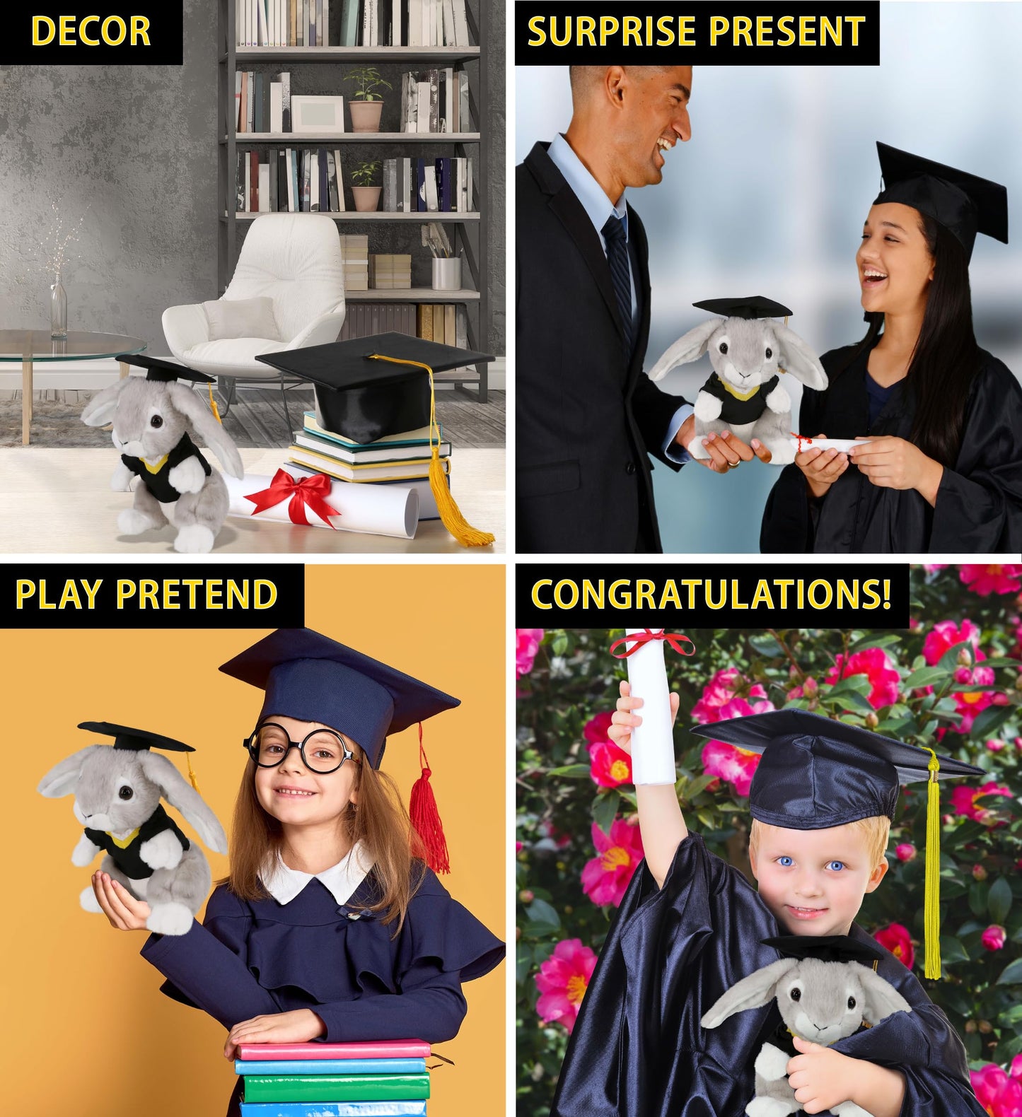 DolliBu Grey Rabbit Graduation Plush Toy - Soft Huggable Graduation Stuffed Animal Dress Up with Gown and Cap with Tassel Outfit with Personalization