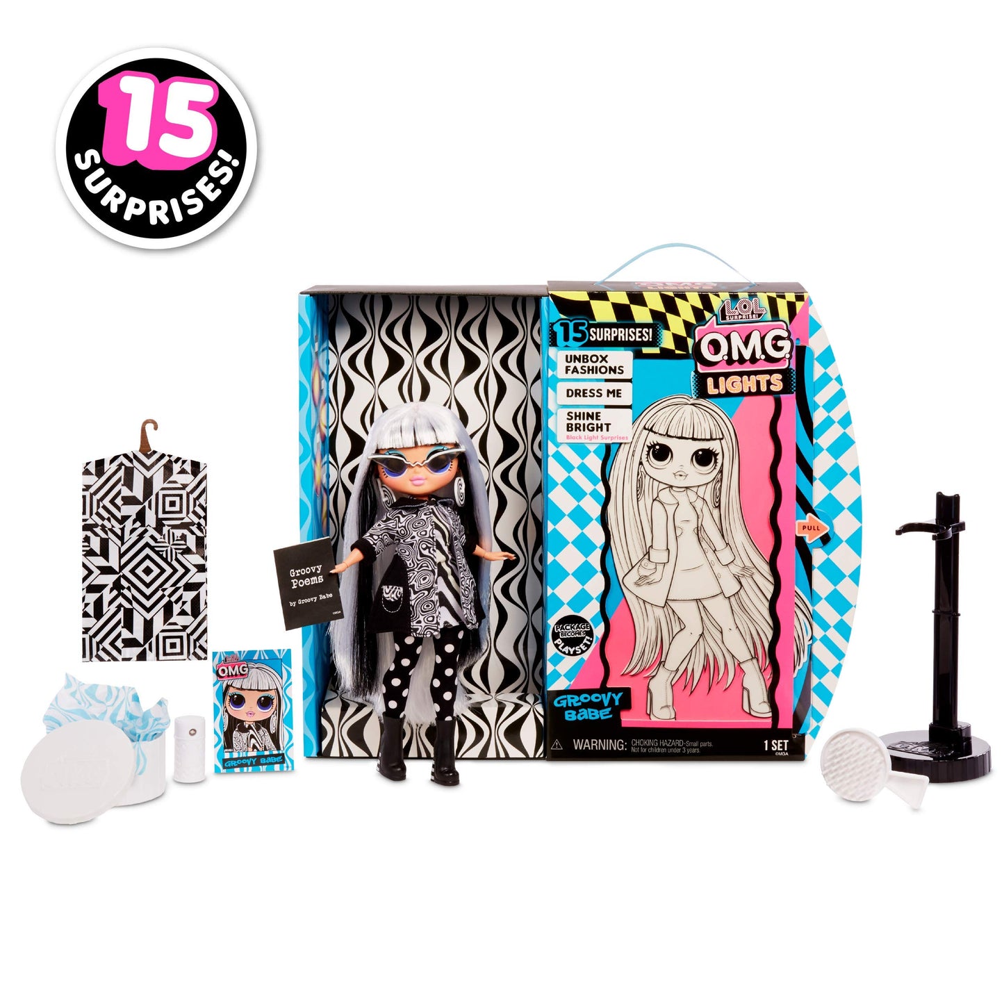 LOL Surprise OMG Lights Groovy Babe Fashion Doll with 15 Surprises Accessories Set | Includes Fashion Doll and Magic Black Light Surprises| for Girls