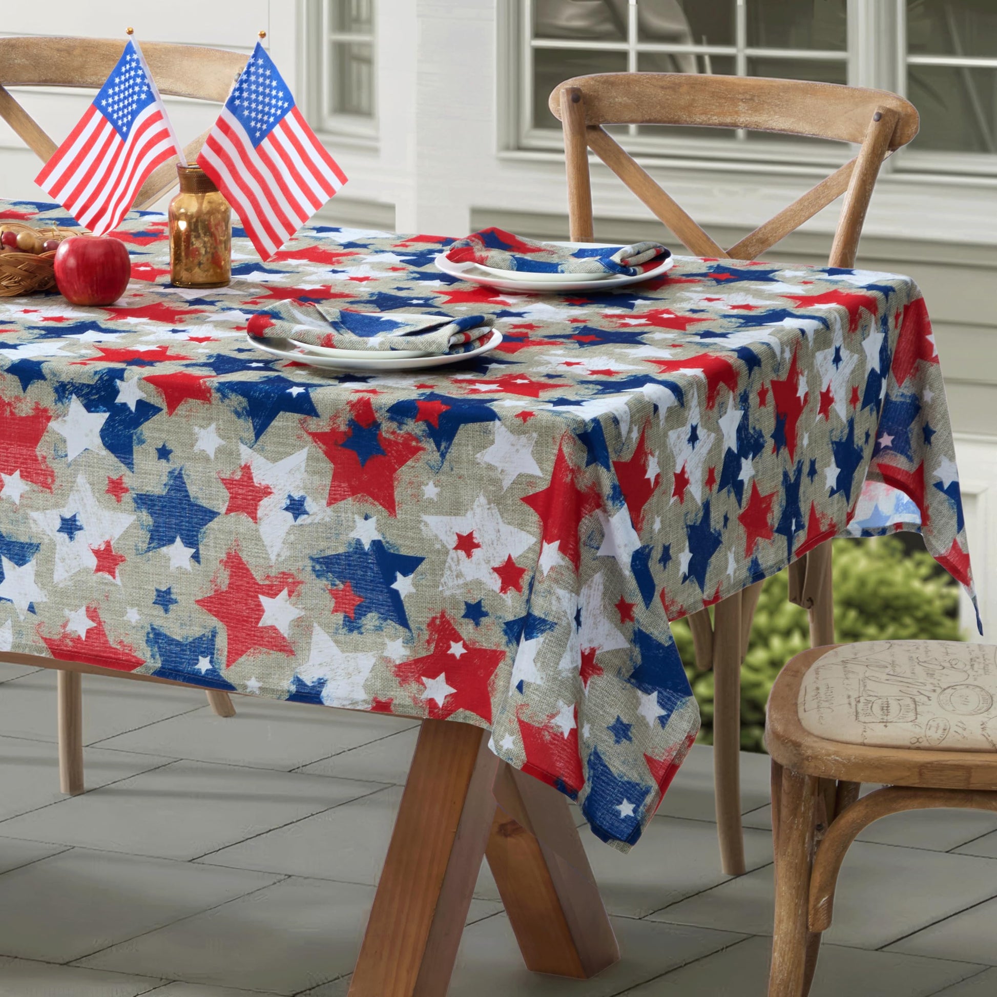 Newbridge Burlap Stars Patriotic 52 x 70 Inch Rectangle Fabric Tablecloth