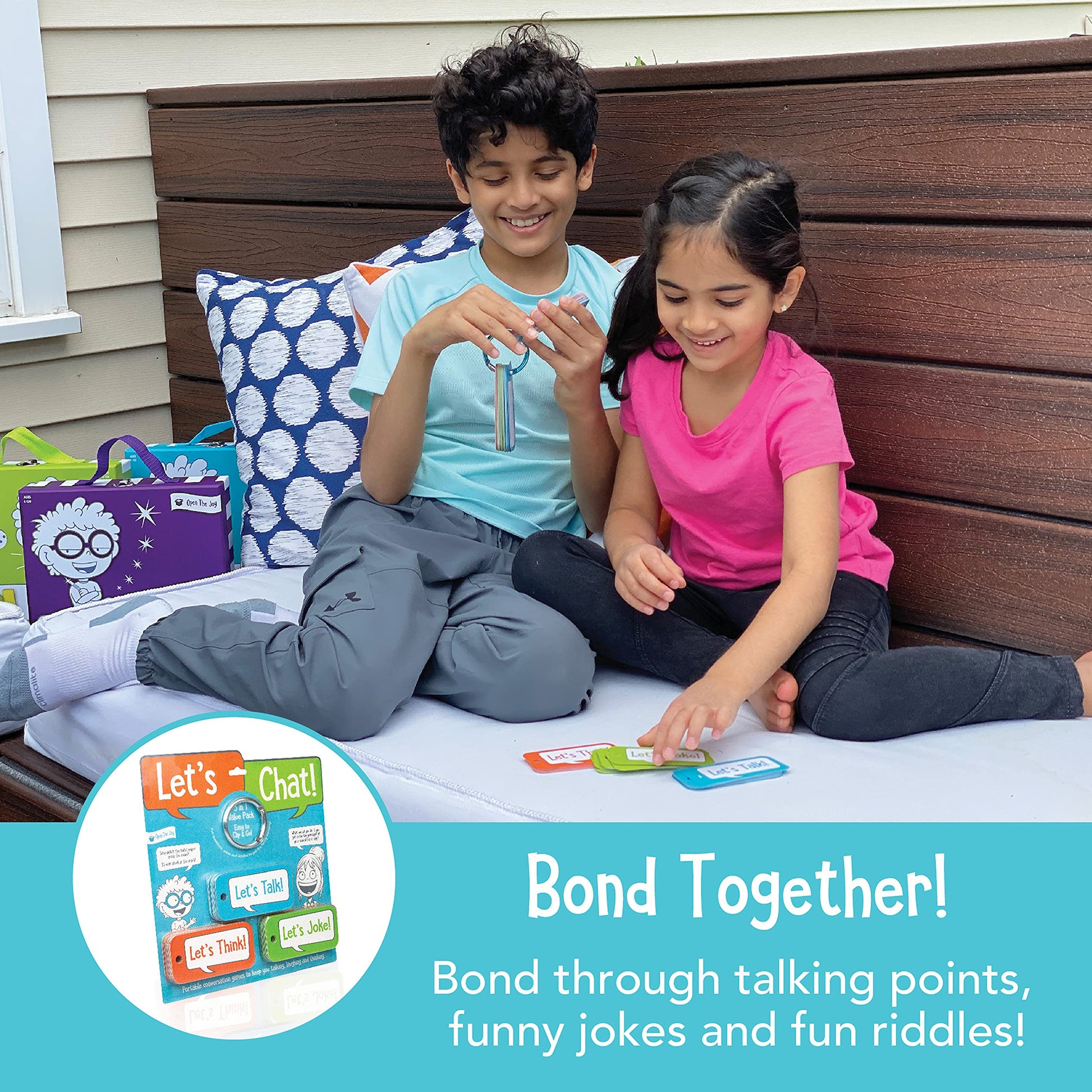 Open The Joy Let’s Chat 3-in-1 Conversation Starters Cards for Kids - Grab and Go Travel Card Games for Car, Airplanes - Talk, Think, Joke Cards