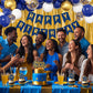 Blue And Gold Birthday Decorations for Men,Fringe Curtains Happy Birthday Banner,Red balloons,Cake Toppers for Boys