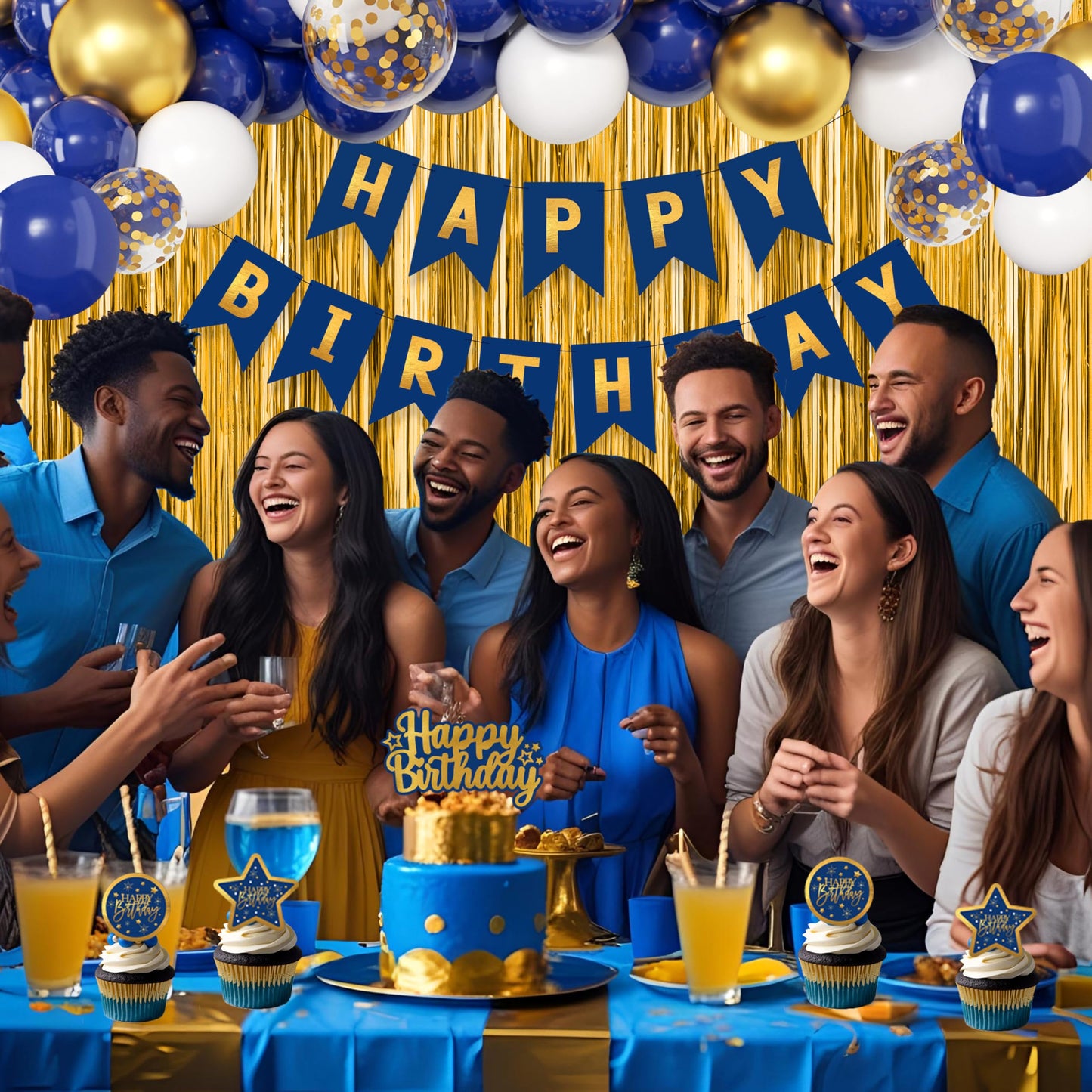 Blue And Gold Birthday Decorations for Men,Fringe Curtains Happy Birthday Banner,Red balloons,Cake Toppers for Boys