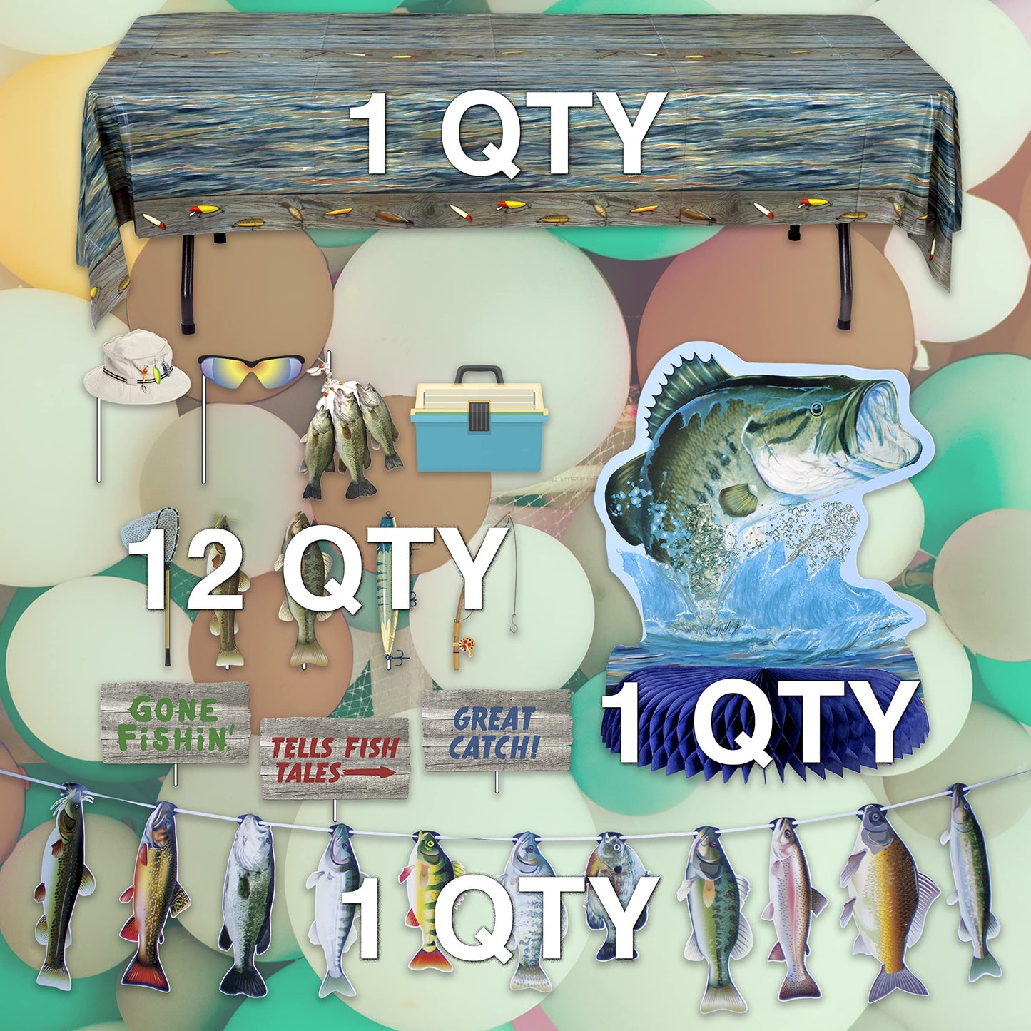 Havercamp Fishing Party Decorations Kit! Includes:1 Lg. Bass Centerpiece, 1 String of Fish Banner, 12 Fun Photo Props, and 1 Plastic Reusable