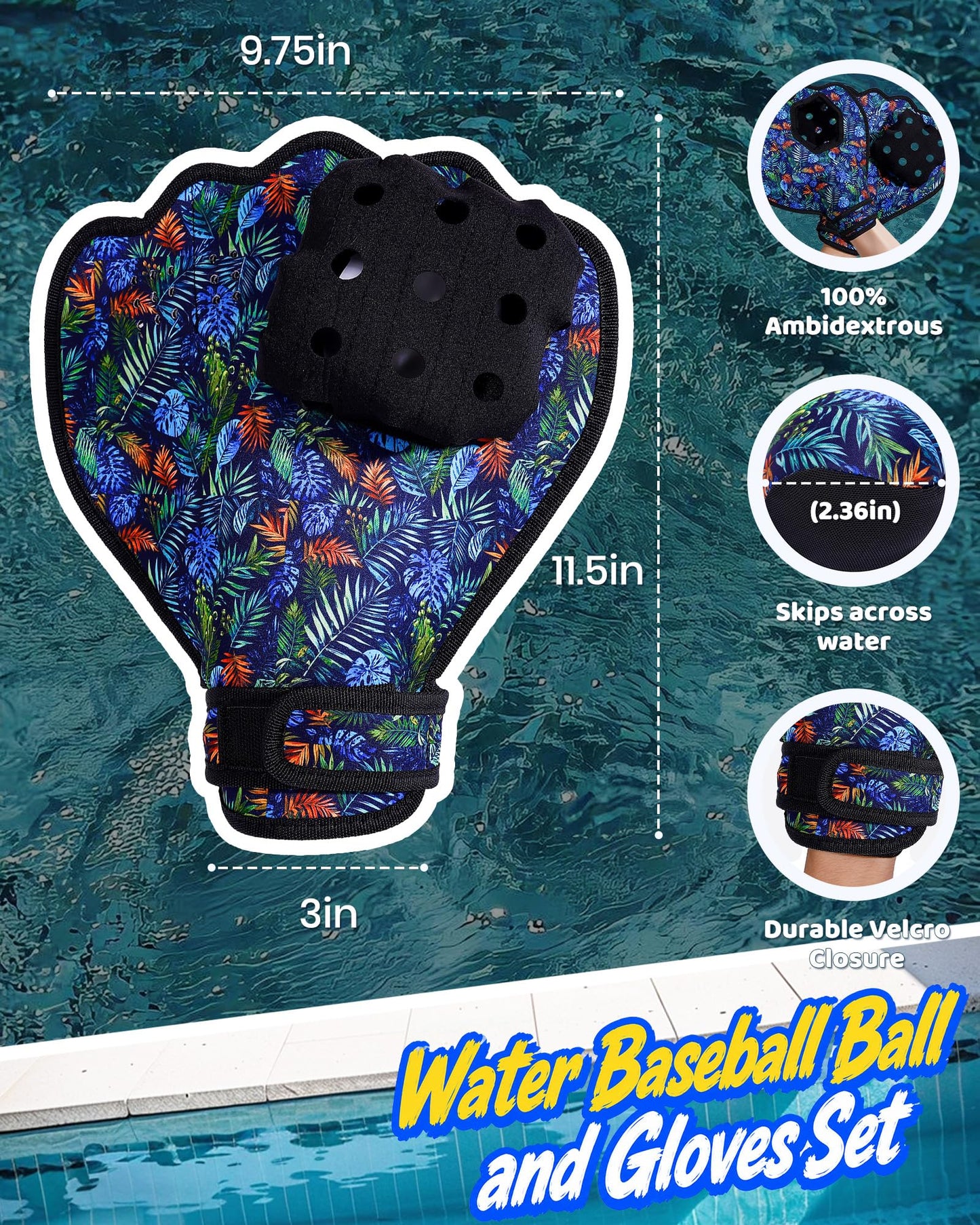 ouyhhk Water Baseball Gloves Set for Pool & Beach Games-for Beach Games & Swimming Pool Toys,1PC Water Bouncing Ball with 2PCS Pool Baseball