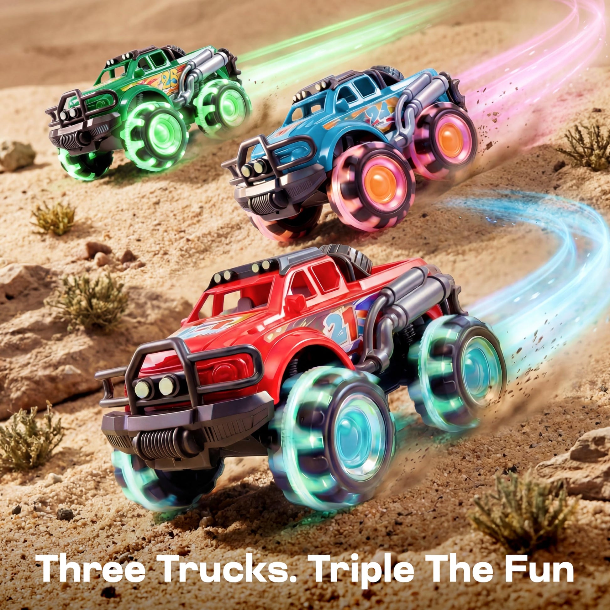 Vroomix JOYIN 3 Pack Monster Truck Toy - Toy Truck with Flashing LED Wheels - Light-Up Friction-Powered Cars for Toddlers - Boys Girls Birthday Gift
