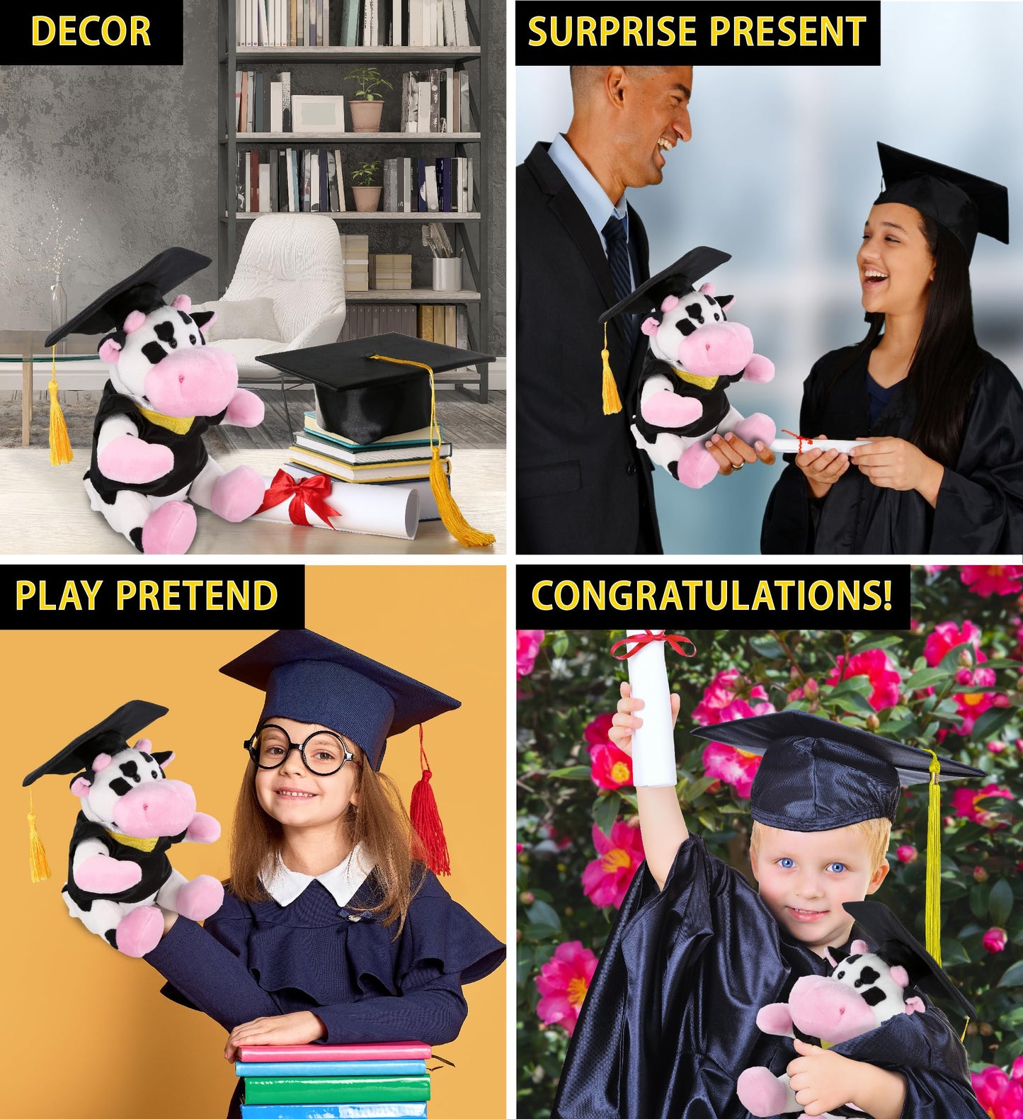 DolliBu Cow Graduation Plush Toy - Soft Huggable Graduation Stuffed Animal Dress Up with Gown and Cap with Tassel Outfit - Cute Graduation Gift
