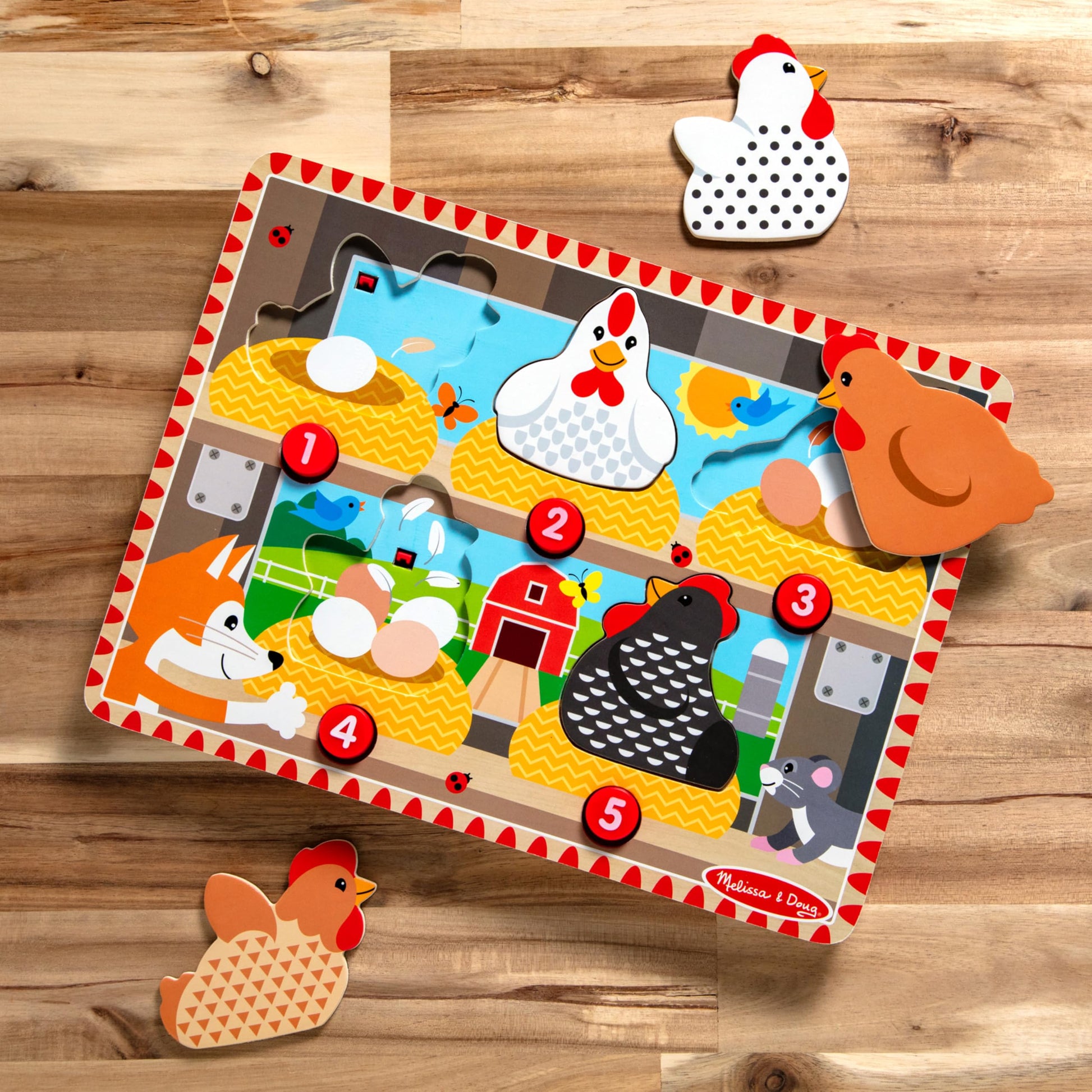 Melissa & Doug Happy Hens Push to Pop Wooden Puzzle, Montessori-Inspired Toddler Puzzles with Magnetic Pieces and Colorful Puzzle Board, Preschool