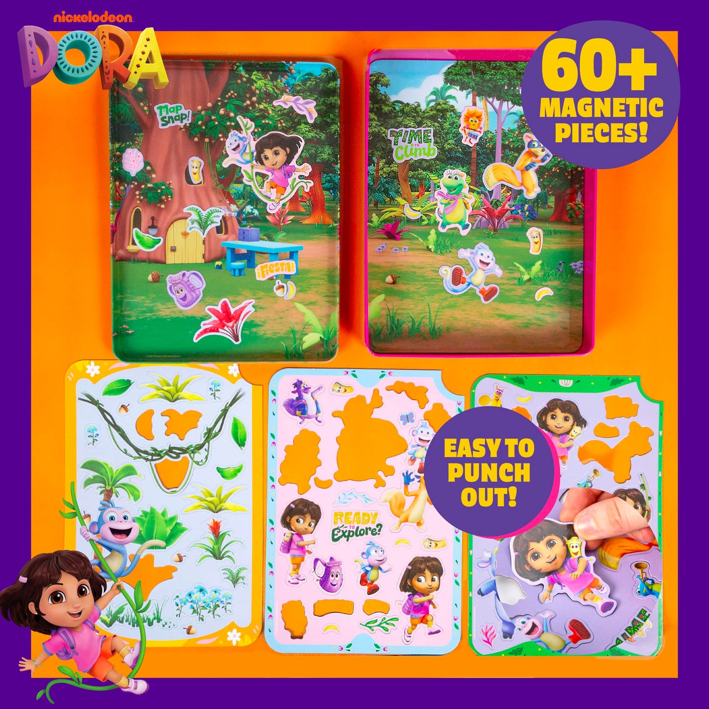 Dora Magnetic Playset, 75 Characters & Accessories, Reusable Storage Tin and Play Scene, Fun Toddler Toys, Mess Free Airplane Toy, Travel Games & Road