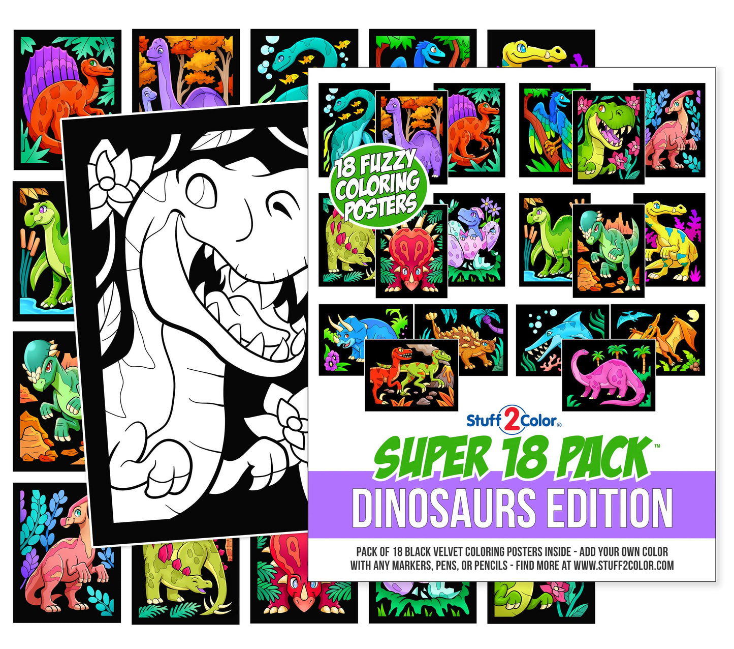 Super Pack of 18 Fuzzy Velvet Coloring Posters (Dinosaurs Edition) - Arts & Crafts for Boys and Girls - Great for After School, Travel, Quiet Time
