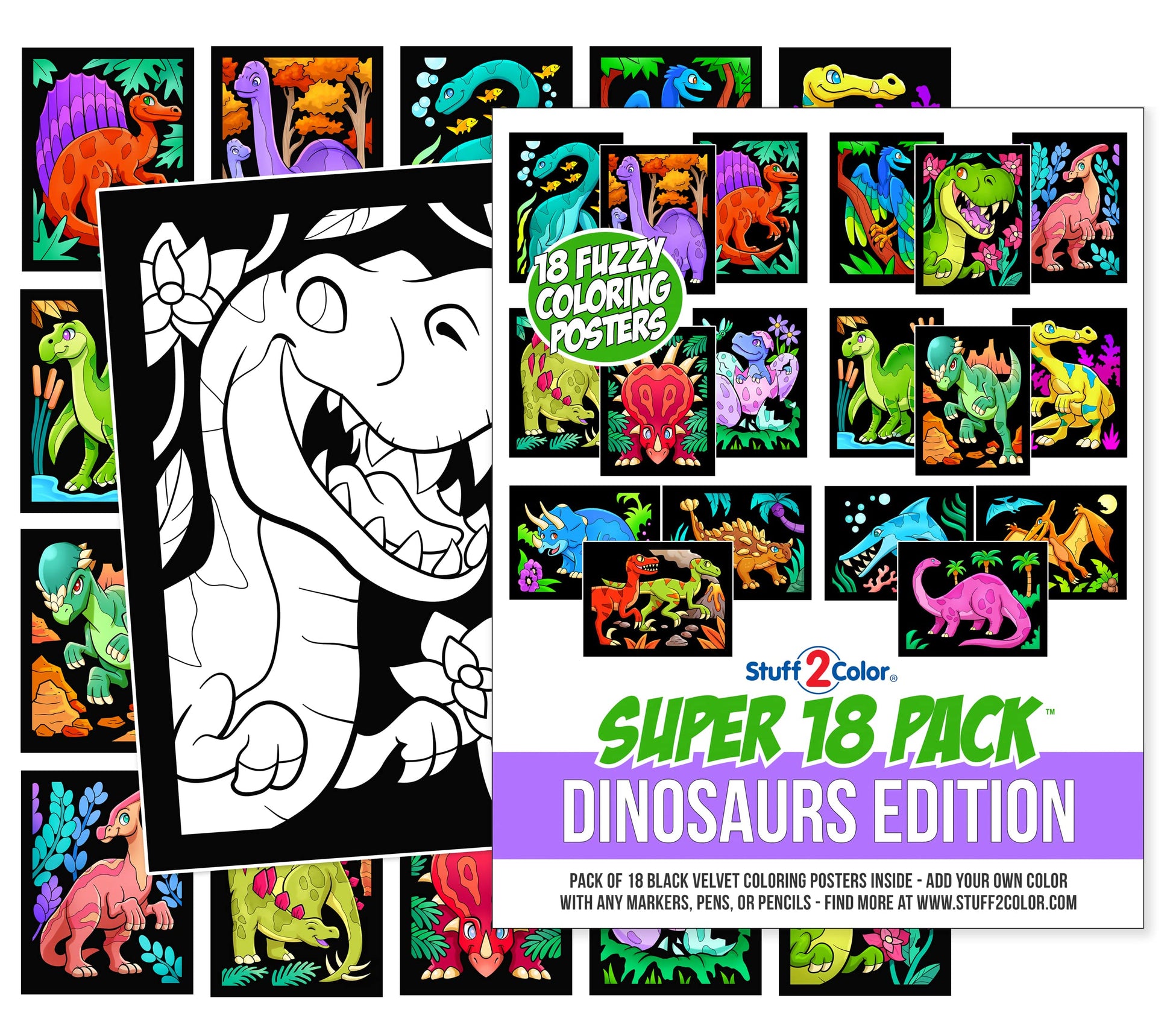 Super Pack of 18 Fuzzy Velvet Coloring Posters (Dinosaurs Edition) - Arts & Crafts for Boys and Girls - Great for After School, Travel, Quiet Time