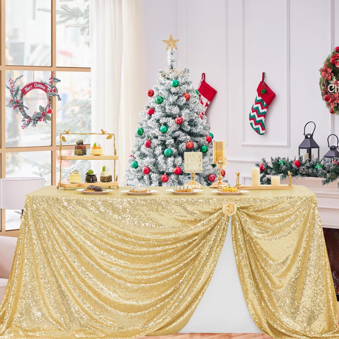 FYLEDAEE Light Gold Sequin 60X102 inch Rectangle Table Cloths for Parties, Glitter Large Overlay Table Cover Fitted 6 FT Cake Tables for Christmas