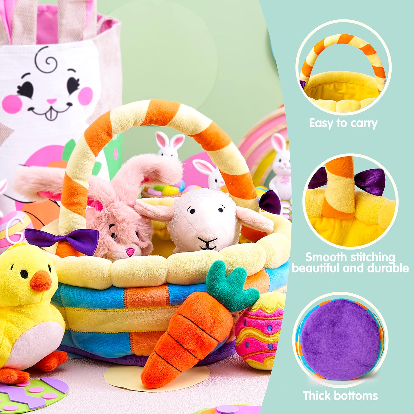 JOYIN 7 PCS Easter Basket Plush Playset Stuffers with Lamb Bunny Chick Carrot Egg Toys, Easter Party Favors Decorations Gifts Supplies for Baby Girls