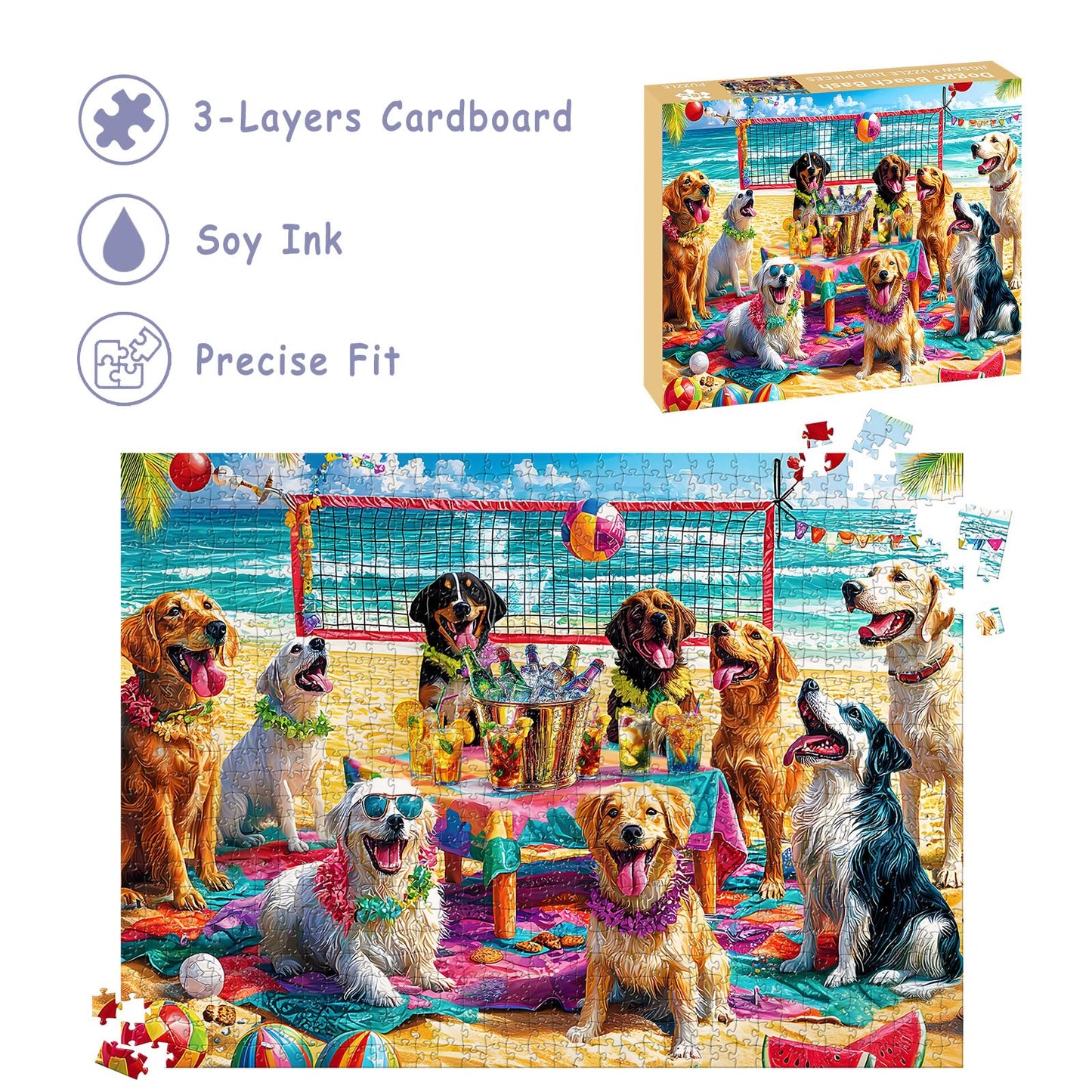 Puzzles for Adults 1000 Pieces, Dog Jigsaw Puzzles 1000 Pieces - Doggo Beach Bash, Party Decor Impossible Puzzle, Finished Size 27.56 * 19.69",