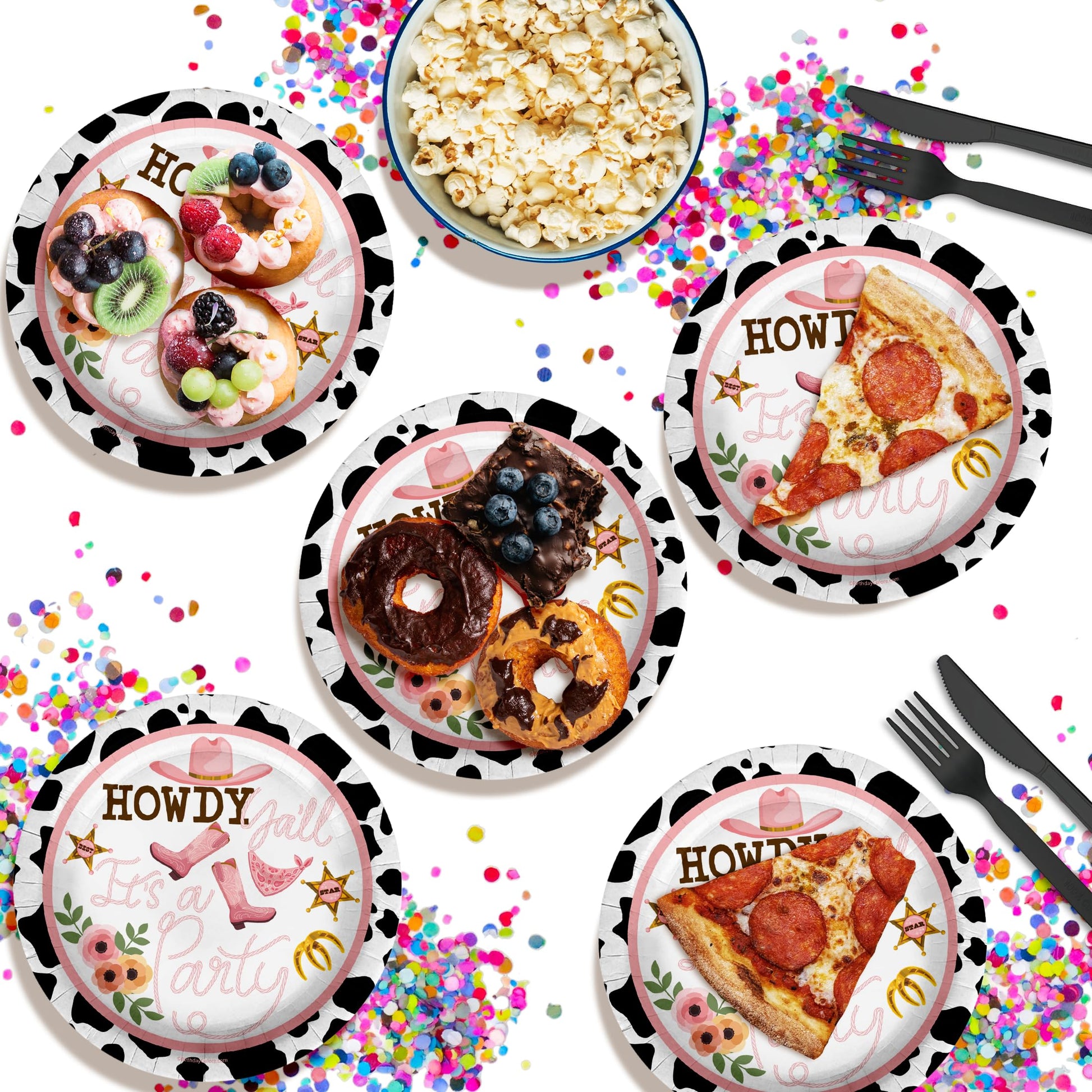 Birthday Galore Howdy Y’all Cowgirl Plates - 32 Pieces, 9" Round Disposable Tableware with Western Design Theme - Fun and Bright Colorful Tableware