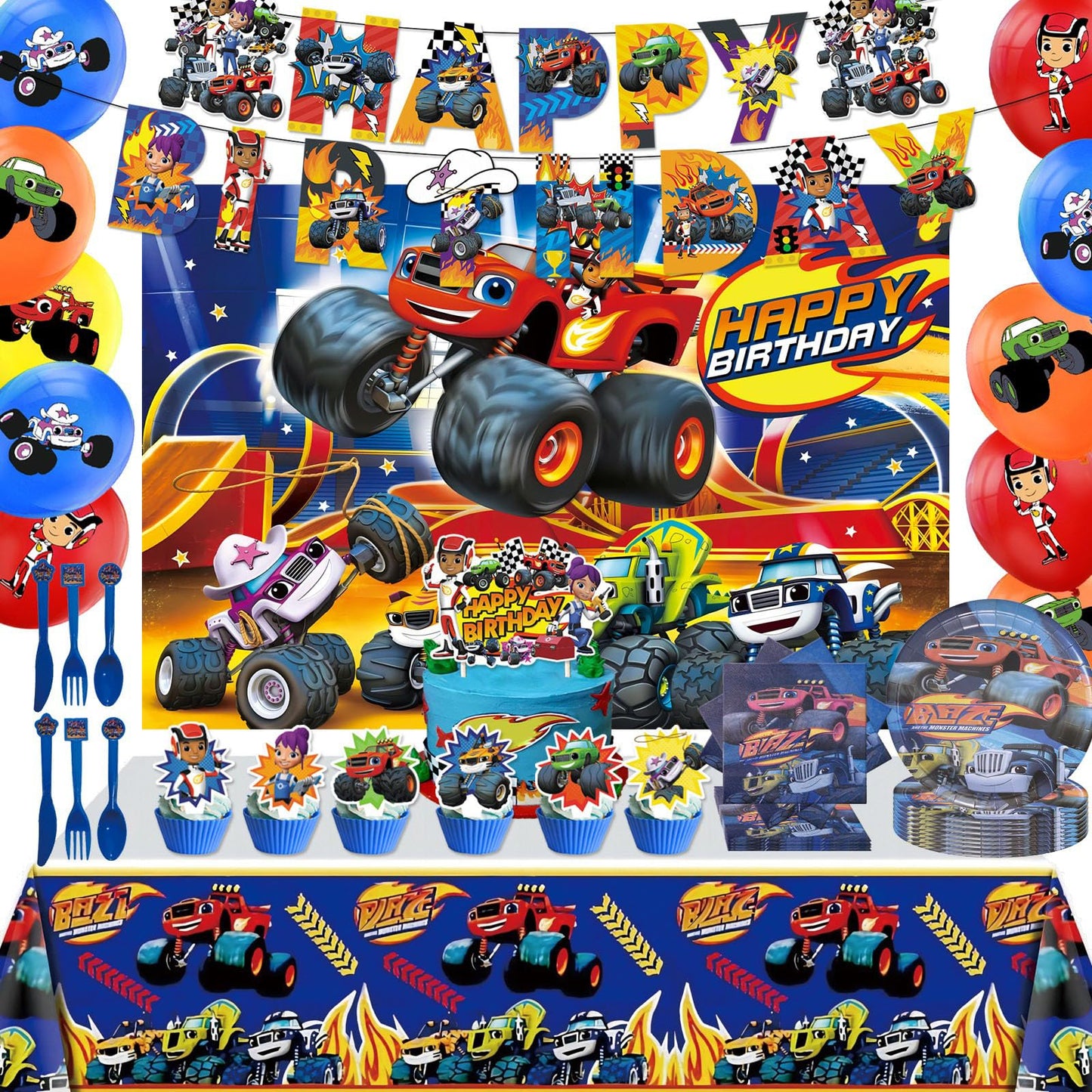 121 Pcs Monster Truck Birthday Party Supplies,Included Banner,Backdrop,Tablecloth,Plates,Balloon,Racing Car Tableware Set for Boy Truck Party