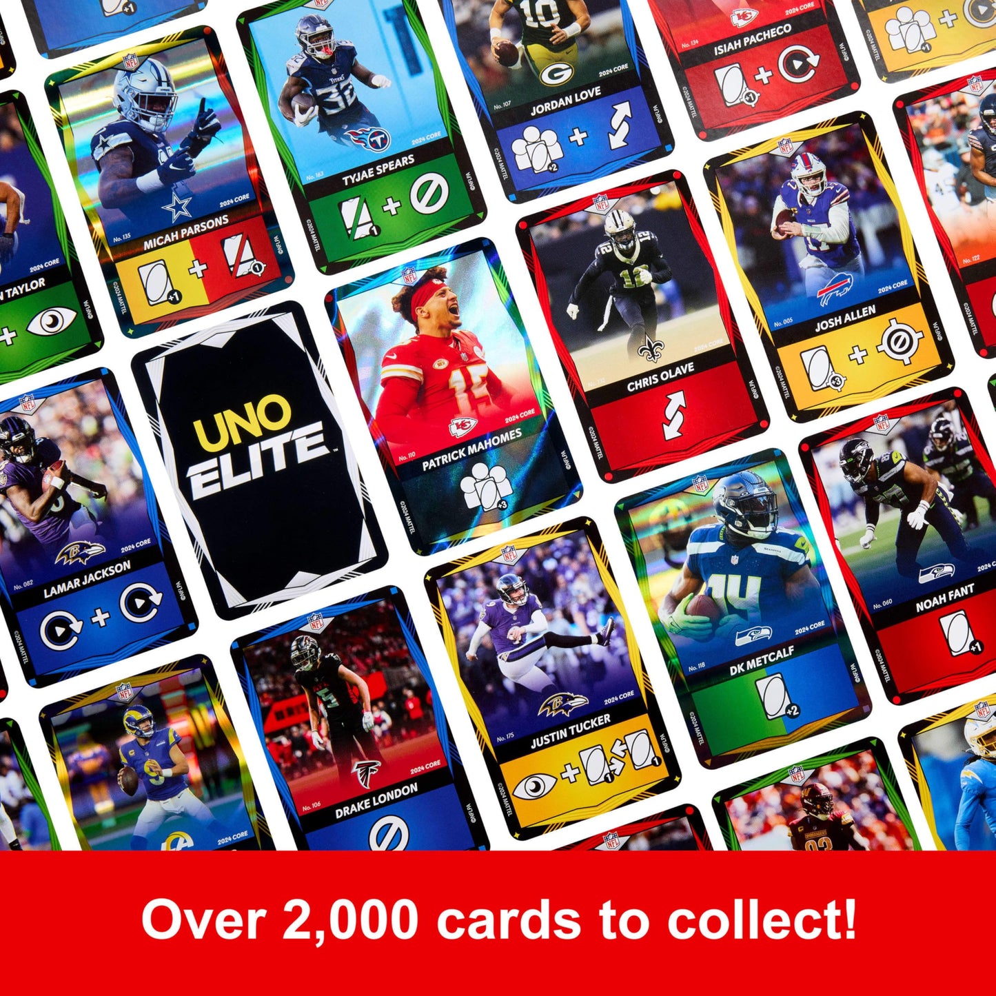 Mattel Games UNO Elite NFL Card Game, 2024 Officially Licensed Core Edition with 4 Collectible Foil Cards Featuring Team Players