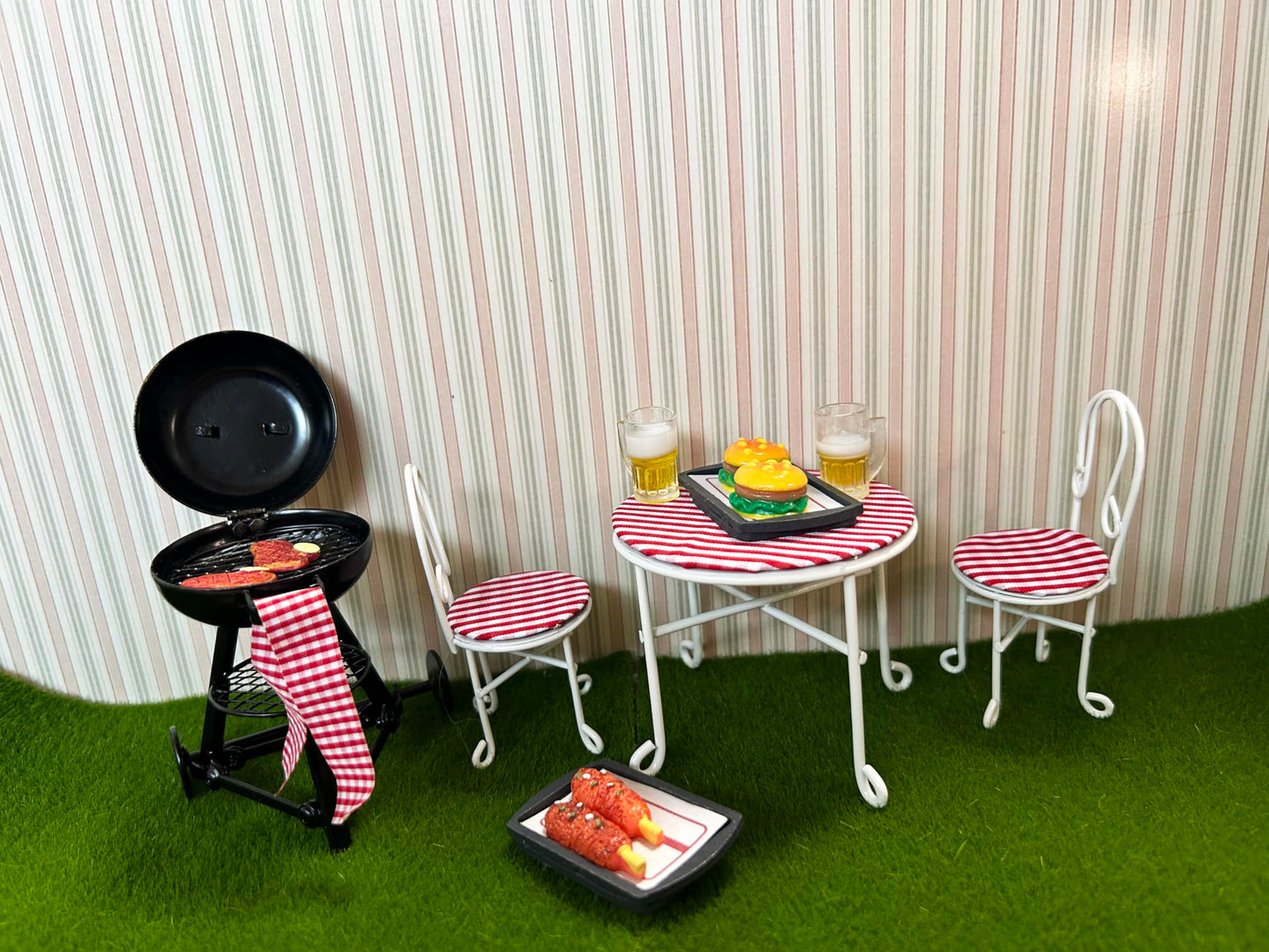 1:12 Miniature BBQ Grill Oven with Accessories Table Chairs, Fake Food Scene Model for Diorama Building