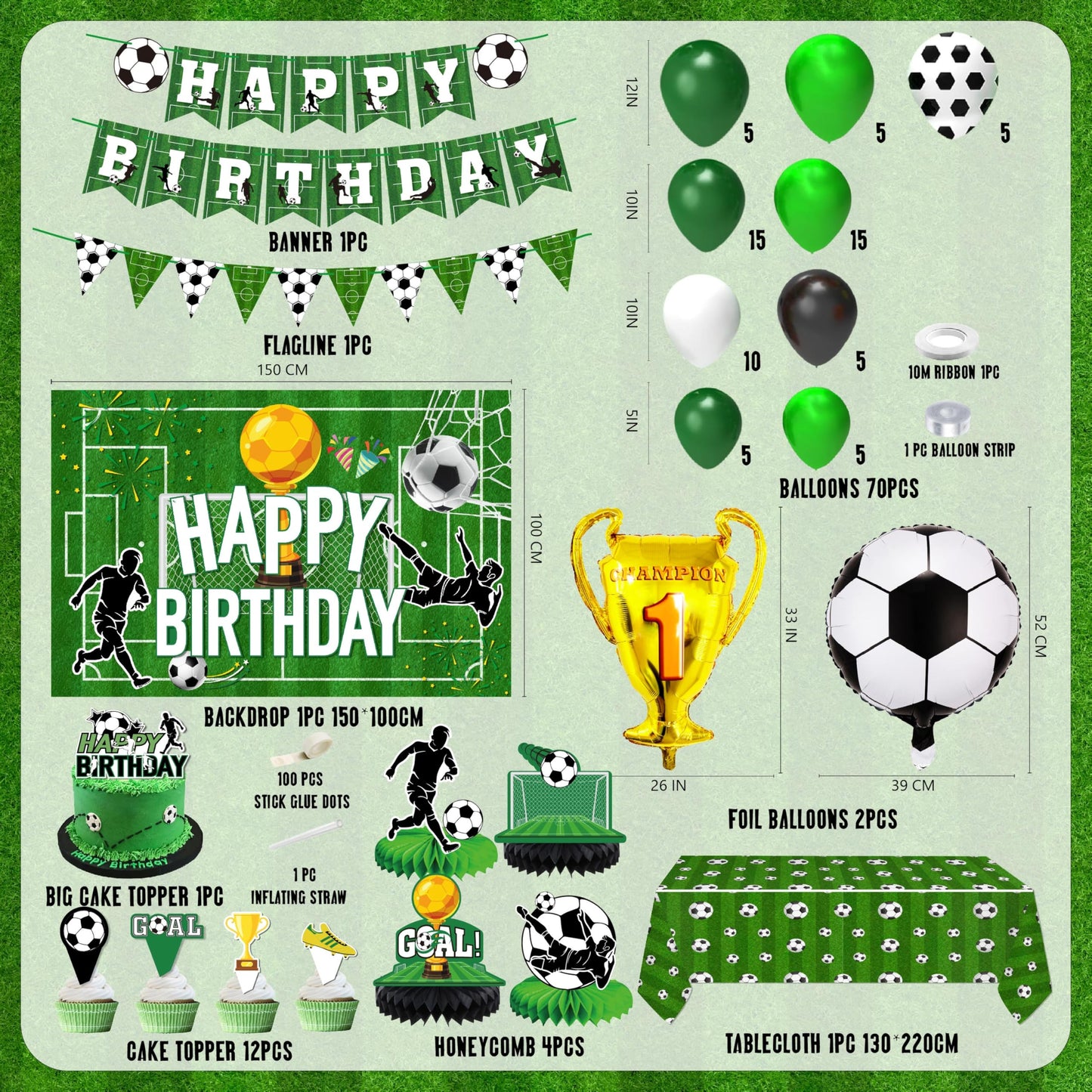 jenlion Soccer Birthday Party Decorations, 120Pcs Kit with Tablecloth, Backdrop Banner, Cake Topper, Balloons, Centerpieces & More for Boy