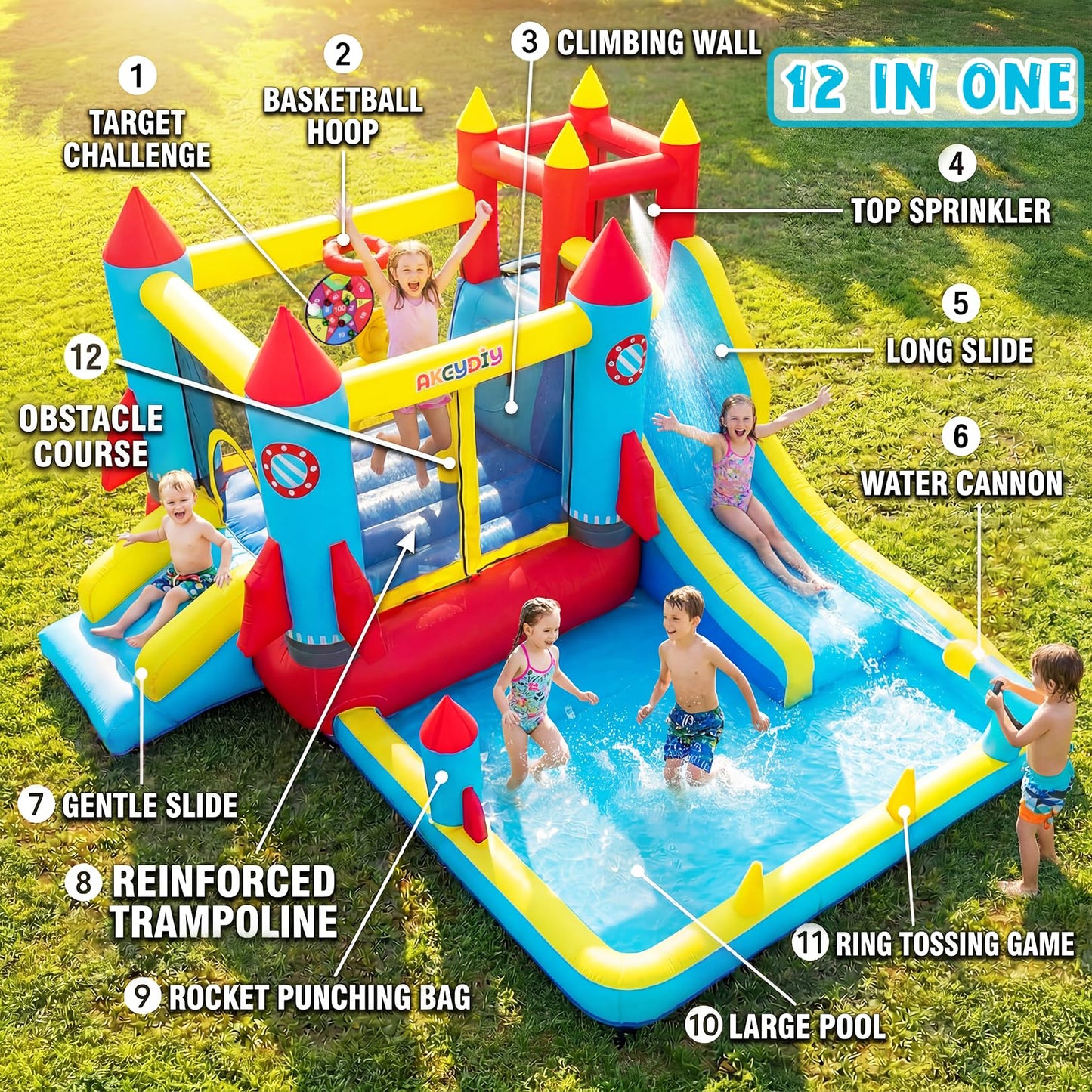 AKEYDIY Bounce House,Inflatable Water Slide Bounce Castle with Blower for Kids 3-10,Outdoor/Indoor Bouncy House Water Park for Backyard with 2 Splash