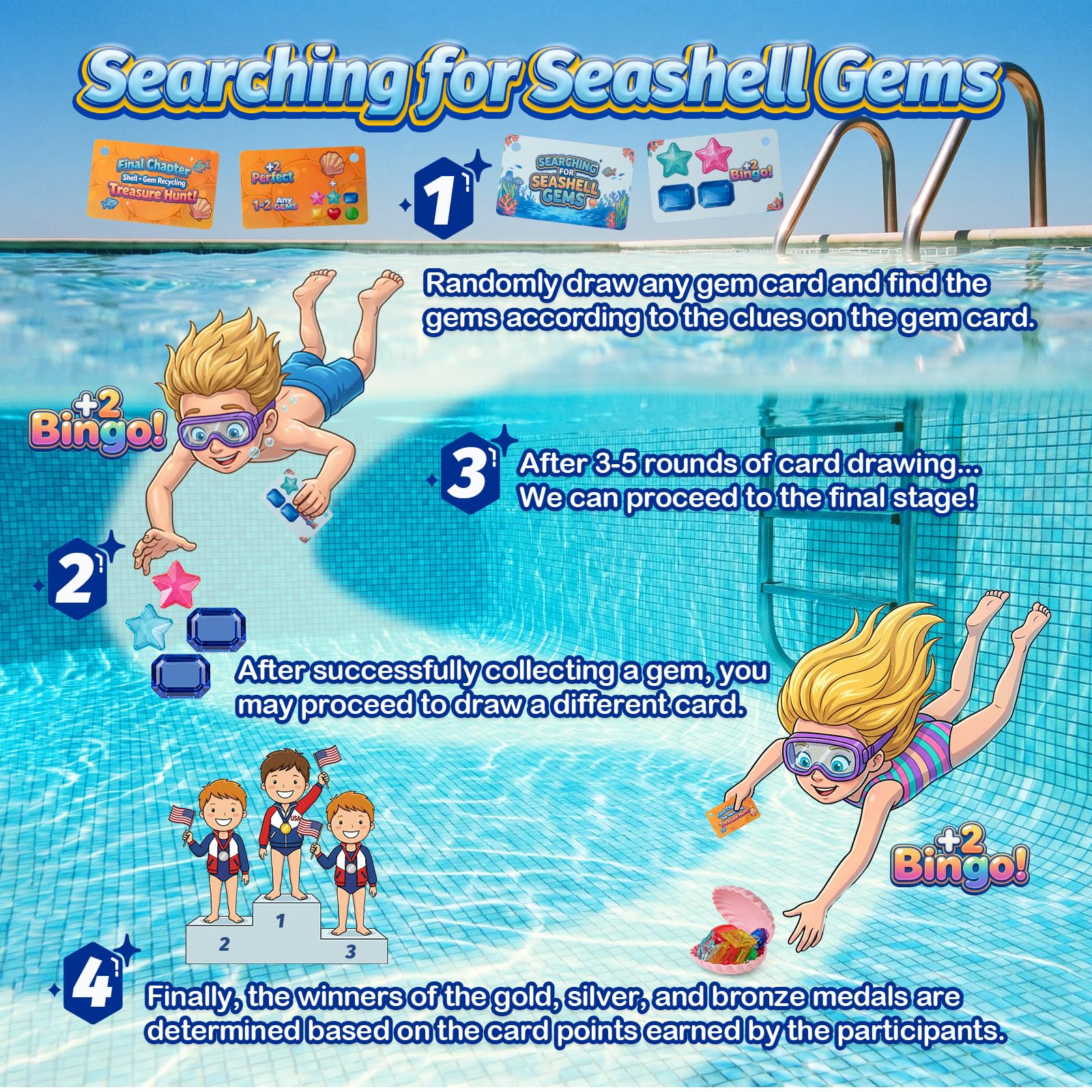 PARGAGAM Diving Pool Toys for Kids 80PCS, Bulk Underwater Gems, Seashells and Treasure Game Set with Storage Bag, Swimming Toys for Pool Party Summer